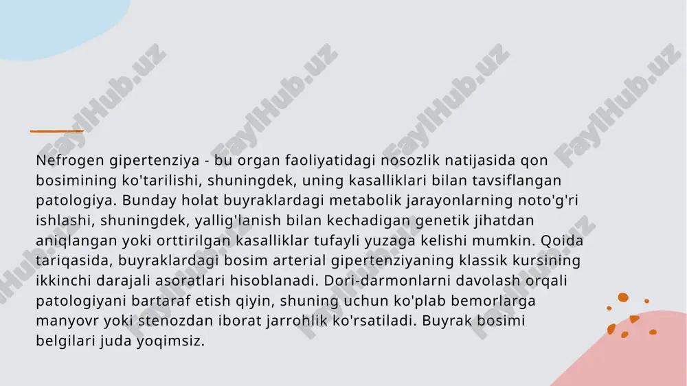 tratsiya jarayoni qon bosimini nazorat qiladi, buyraklar suyuqlikni ushlab qolish yoki chiqarish orqali qon hajmini va bosimini boshqaradi. 3 gormonlar roli buyraklar renin gormonini ishlab chiqaradi, bu qon bosimini oshirishda yordam beradi va angiotensin tizimi orqali qon tomirlarini toraytiradi. 4 suyuqlik muvozanati buyraklar suyuqlik muvozanatini saqlashda muhim rol o'ynaydi, bu esa qon bosimini barqarorlashtirishga yordam beradi va giper- yoki gipotoniyadan saqlaydi. buyrak kasalliklari va qon bosimining o'zaro bog'liqligi. 1 buyrak kasalliklari buyrak kasalliklari, masalan, surunkali buyrak yetishmovchiligi, qon bosimining ko'tarilishiga sabab bo'lishi mumkin, bu esa yurak-qon tomir salomatligini tahdidlashadi. 2 qon bosimi va buyrak buyraklar, qon bosimini nazorat qilishda asosiy rol o'ynaydi; ularning kasalliklari esa bu tizimning disfunktsiyasiga olib kelishi mumkin. 3 gormonlar va ta'sir buyraklar renin, angiotensin va aldosteron kabi gormonlarni ishlab chiqaradi, bu esa qon bosimini ko'tarish yoki pasaytirishga yordam beradi. 4 oldini olish va davolash buyrak kasalliklarining oldini olish va davolashda qon bosimini nazorat qilish muhimdir; sog'lom …