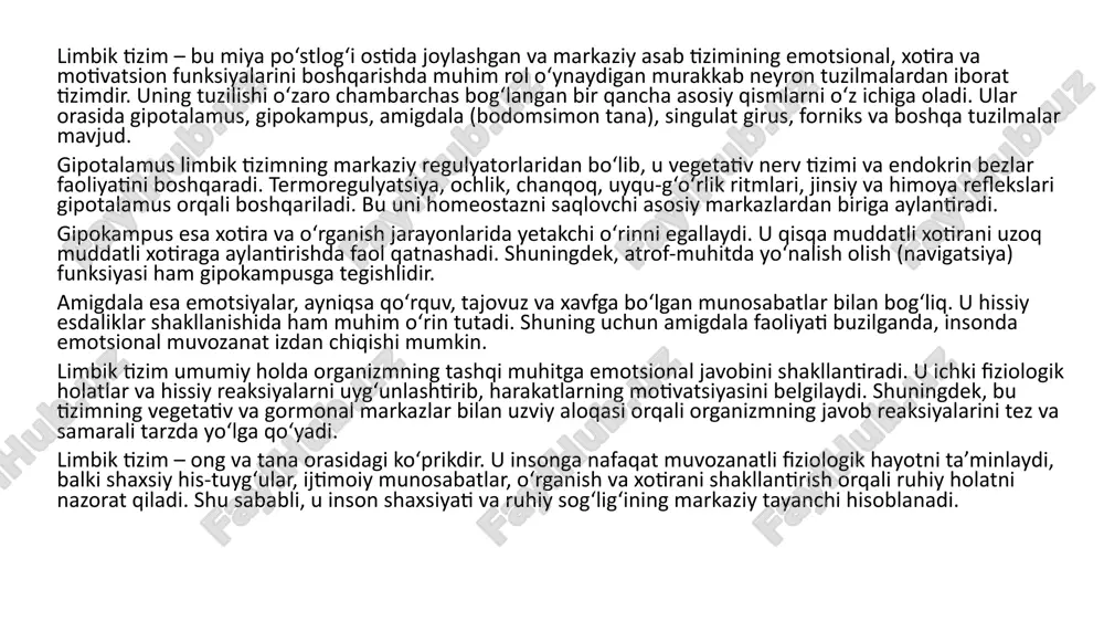 alki yurak urishining tezlashuvi, qon bosimining o‘zgarishi, terlash kabi vegetativ belgilar bilan namoyon bo‘ladi.limbik tizim xotira jarayonida ham muhim o‘rin tutadi. ayniqsa, gipokampus qisqa muddatli xotirani uzoq muddatli xotiraga aylantirishga xizmat qiladi. bu jarayon o‘rganish, eslab qolish va tajriba to‘plashning asosi hisoblanadi. shuningdek, hissiy jihatdan kuchli kechinmalar bilan bog‘liq voqealar tezroq va mustahkamroq eslab qolinadi – bu limbik tizimning emotsiyalar va xotira orasidagi aloqasini ko‘rsatadi.limbik tizim motivatsiya va mukofot tizimining yurak urishi hisoblanadi. u harakatga undovchi ichki turtkilar – ochlik, chanqoq, jinsiy istak, xavfsizlikka intilish kabi instinktiv ehtiyojlarni sezadi va ularni qondirishga qaratilgan xatti-harakatlarni boshqaradi. bu bilan u hayotni saqlash va davom ettirish funksiyasini ta’minlaydi. mukofot tizimi orqali limbik tizim foydali harakatlar va ijobiy tajribalarni mustahkamlaydi, bu esa o‘rganish va ijtimoiy moslashuvga xizmat qiladi.bundan tashqari, limbik tizim gipotalamus orqali vegetativ nerv tizimi va gormonlar ishlab chiqarishni boshqaradi. u yurak faoliyati, nafas olish, hazm, termoregulyatsiya, qon bosimi va boshqa hayotiy muhim …