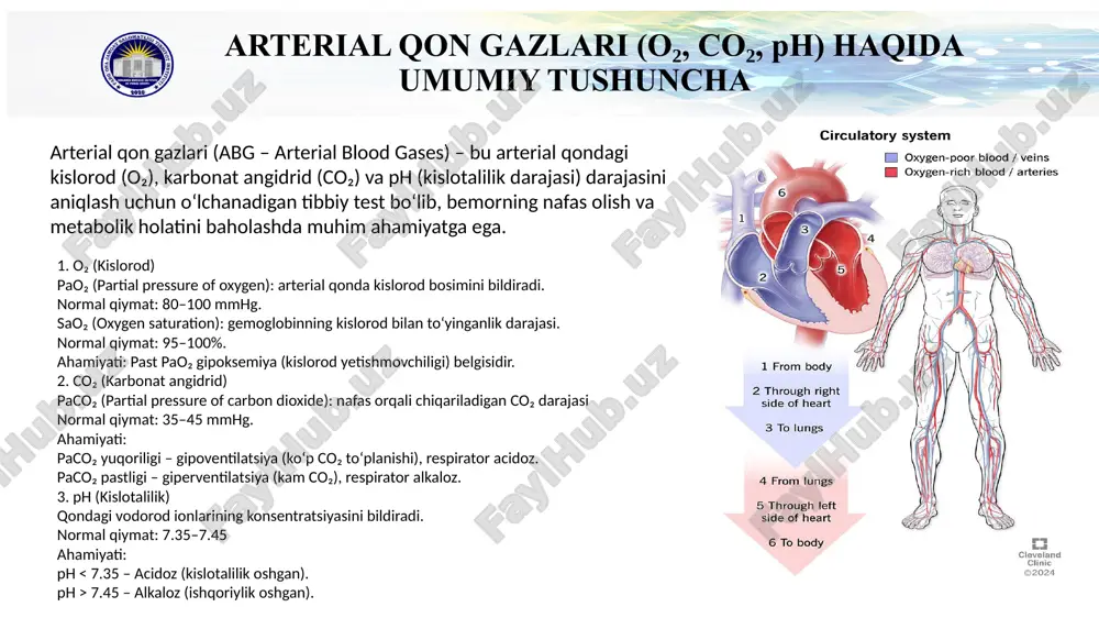 orini aniqlash. qanday ishlaydi: maxsus sensorlar teriga o‘rnatiladi va teri ostidagi gaz diffuziyasini o‘lchaydi. afzalliklari: invaziv emas (qon olmaydi), uzoq muddatli monitoring uchun qulay, neonatologiyada keng qo‘llaniladi. kamchiliklari: sensor terini isitadi — ba’zida noqulaylik tug‘diradi, to‘g‘riligiga teri holati ta’sir qiladi. 2. kapnografiya (etco₂ – end-tidal co₂ asosi: nafas chiqarish oxiridagi co₂ miqdorini aniqlash. qo‘llaniladi: anesteziya, sun’iy nafas oldirish va reanimatsiya paytida. afzalliklari: real vaqtli monitoring, intubatsiya va ventilyatsiya sifatini baholashda juda muhim, nafas olish buzilishlarini erta aniqlaydi. kamchiligi: faqat co₂ ni ko‘rsatadi; o₂ va ph haqida ma'lumot bermaydi. 3. nirs – yaqin infraqizil spektroskopiya asosi: yaqin infraqizil nurlanish yordamida to‘qima (miya, mushak) kislorod darajasini aniqlash. qo‘llaniladi: neonatologiya, yurak operatsiyalari, reanimatsiyada. afzalliklari: to‘qima perfuziyasini baholaydi, invaziv emas, doimiy signal beradi. kamchiliklari: faqat lokal (mahalliy) o‘lchov beradi. 4. non-invaziv qon gaz analizatorlari (masalan, masimo, t-stat asosi: optik sensorlar orqali kislorod, karbonat angidrid va ph ni aniqlaydi. texnologiya: ko‘p to‘lqinli pulsoksimetriya, algoritmik hisoblash. …