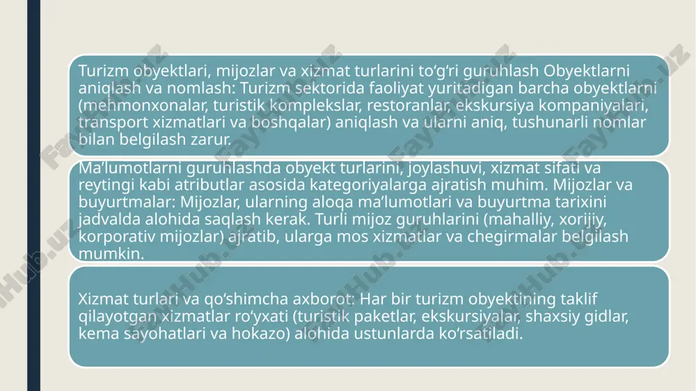 benchmarking: turizm bozoridagi trendlar va raqobatchilar faoliyatini doimiy kuzatish, shu asosda hisobotlarni va dashbordlarni yangilab borish. elektron jadvaldagi turizm ma’lumotlarini to‘liq va samarali tahlil qilish uchun yagona struktura, standartlashtirilgan formatlar va avtomatlashtirilgan validatsiya mexanizmlari joriy etiladi. ma’lumotlar kiritish jarayonidan boshlab, ularni sifatlilikka erishish, kerakli formatlarga moslashtirish va foydali hisobotlar shaklida ifodalash imkoniyati yaratiladi. innovatsion yechimlar va kelajak istiqbollari: ar/vr vizualizatsiya, iot texnologiyalari va katta ma’lumotlar (big data) platformalari qo‘llanilishi orqali turizm ma’lumotlarini yanada chuqurroq tahlil qilish, aniq bashoratlar berish va real-vaqtli qaror qabul qilish jarayonini yanada optimallashtirish mumkin. umuman olganda, taklif qilingan reja orqali turizm ma’lumotlari elektron jadvallarda strukturalashtirilgan, standartlashtirilgan va dinamik tahlilga tayyor holga keltiriladi. bu esa tashkilotlarning biznes jarayonlarini yanada samarali boshqarish, operatsion faoliyatini optimallashtirish va strategik qarorlar qabul qilishda qo‘llab-quvvatlashga xizmat qiladi. /docprops/thumbnail.jpeg