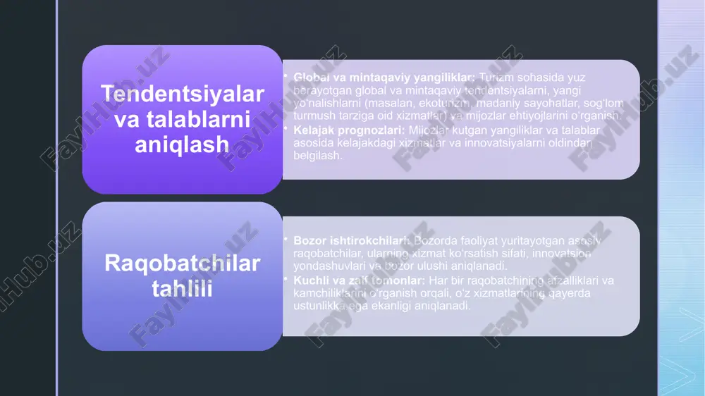 imlarida yuqori o‘rin egallashini ta’minlash uchun tegishli kalit so‘zlarni aniqlash, kontentni optimallashtirish va texnik jihatdan yaxshilash zarur. ijtimoiy tarmoqlar (smm): facebook, instagram, linkedin, telegram kabi platformalarda faol kontent yaratish, auditoriya bilan interaktiv muloqot o‘rnatish va reklama kampaniyalarini olib borish orqali brend imidjini shakllantirish. email marketing va kontent marketing: mijozlar uchun muntazam yangiliklar, maxsus takliflar va ma’lumotli kontent yuborish orqali ularning qiziqishini oshirish hamda bloglar, maqolalar va video materiallar yordamida turizm xizmatlari haqida batafsil ma’lumot berish. pr va ommaviy axborot vositalari press-relizlar va yangiliklar: yangi xizmatlar, innovatsiyalar va muvaffaqiyatlar haqida press-relizlar chiqarish orqali ommaviy axborot vositalarida keng yoritilishni ta’minlash. turizm yarmarkalari, konferensiyalar va seminarlar: sektor vakillari, potensial mijozlar va sarmoyadorlar bilan to‘g‘ridan-to‘g‘ri muloqot o‘rnatish, brendni tanitish va sohadagi yangiliklar bilan tanishtirish imkoniyati. media va hamkorlik aloqalari: mahalliy va xalqaro ommaviy axborot vositalari bilan strategik hamkorliklarni rivojlantirish, reklama va targ‘ibot kampaniyalarida qo‘llab-quvvatlash. kampaniyalarni monitoring va optimallashtirish kampaniya samaradorligini kuzatish: digital vositalar yordamida …