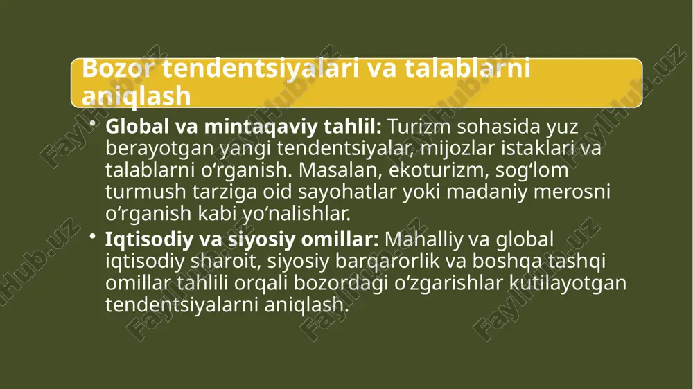 alliy ommaviy axborot vositalari bilan ishlash, press-relizlar va intervyular orqali loyihaning yoritilishini ta’minlash. maxsus taqdimotlar va kampaniyalar maqsadli auditoriyaga moslashgan materiallar: har bir investor segmenti uchun maxsus tayyorlangan investitsiya paketlari va prezentatsiyalar, sarmoyadorlarning ehtiyojlarini va istiqbollarini aks ettiruvchi materiallar ishlab chiqish. interaktiv tadbirlar: vebinarlar, onlayn forumlar va savol-javob sessiyalari orqali investitsiya imkoniyatlarini chuqurroq o‘rganish va savollarni bartaraf etish. ijtimoiy tarmoqlar va reklama kampaniyalari maqsadli reklamalar: ijtimoiy tarmoqlar (facebook, linkedin, instagram va boshqalar) orqali maxsus reklama kampaniyalarini tashkil etish, qaysiki sarmoyadorlarga moslab tuzilgan bo‘lib, loyihaning eng dolzarb jihatlarini aks ettiradi. monitoring va tahlil: reklama kampaniyalarining samaradorligini doimiy ravishda o‘lchash, tahlil qilish va kerakli o‘zgarishlarni kiritish orqali investitsiya jarayonini optimallashtirish. savollar xalqaro turizm bozorini o‘rganish va tahlil qilish jarayonida qaysi asosiy tendentsiyalar va omillarni hisobga olish zarur? sarmoyadorlar uchun jozibador investitsiya shart-sharoitlarini yaratishda qanday moliyaviy va huquqiy imtiyozlar qo‘llanilishi mumkin? swot tahlili orqali turizm industriyasining kuchli tomonlari, zaifliklari, imkoniyatlari va tahdidlarini aniqlash …