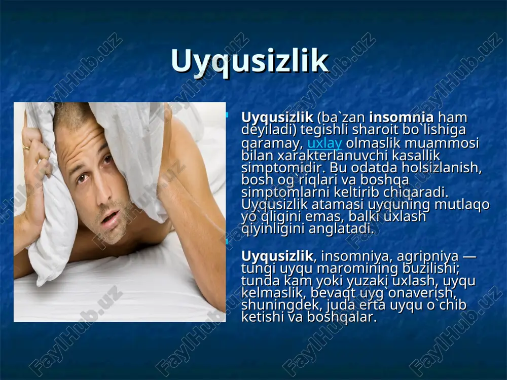 ga aylanib yotishdir. qorinni bosib yotish ovqat hazm bo’lishiga yordam beradi, chalqancha yotish uxlashning eng yomon shaklidir.