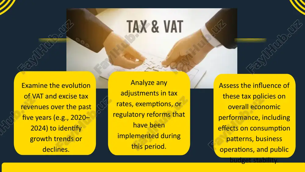 lion 2024 (projected): vat revenue: estimated at about chf 32.0 billion key indicators: average annual growth: the average annual growth rate in vat revenue over this period is approximately 2%, reflecting moderate economic expansion and steady consumer demand. stability in tax base: despite minor fluctuations in revenue figures, the underlying tax base has remained relatively stable. this stability indicates a resilient economy and effective tax administration. comparative impact: vat revenues contribute a significant share to the swiss federal and cantonal budgets, helping to finance public services and infrastructure while maintaining fiscal balance. e’tiboringiz uchun rahmat el 89-23 guruh talabasi olimova maftunaxon image1.png image2.svg image3.jpeg image4.png image5.svg image6.png image7.svg image8.png image9.svg image10.png image11.jpeg image12.png image13.svg image14.png image15.svg image16.jpeg image17.png image18.svg /docprops/thumbnail.jpeg