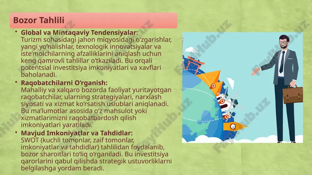 sh uzoq muddatli hamkorlik: sarmoyadorlar bilan uzoq muddatli hamkorlik shartnomalarini imzolash va muvaffaqiyatli loyiha tajribasini namoyish etish orqali investorlar ishonchini mustahkamlash. ilmiy-tadqiqot va innovatsiyalar: investitsiya loyihalarini amalga oshirishda innovatsion yondashuv va zamonaviy texnologiyalarni qo‘llash, hamda ilg‘or tajribalarni o‘zlashtirish orqali bozor talablariga moslashish. loyihani bajarish aniq rejalashtirish: investitsiya loyihalarining barcha bosqichlari uchun aniq reja tuziladi. bunda loyiha bajarilishining boshlanishi, tugash muddatlari, mas’ul shaxslar va jarayonlar belgilanadi. resurslarni ta’minlash: zarur texnologik, moliyaviy va inson resurslarini to‘liq ta’minlash orqali loyihaning samarali amalga oshirilishi kafolatlanadi. jarayonlarni tashkillashtirish: loyihaning bajarilish jarayoni qat’iy kuzatilib, har bir bosqichda o‘z vaqtida amalga oshirilishini ta’minlash uchun tegishli monitoring tizimlari joriy etiladi. nazorat va hisobot doimiy monitoring: loyihaning barcha bosqichlari doimiy kuzatib boriladi. bu jarayon yordamida loyiha rejasiga rioya qilinishini, yuzaga kelgan muammolarni va kechikishlarni aniqlash mumkin. muntazam hisobotlar: loyihaning bajarilish jarayoni, moliyaviy oqimlar va investitsiya samaradorligi bo‘yicha muntazam hisobotlar tayyorlanadi. hisobotlar asosida loyiha holati doimiy tahlil qilinadi. kalit ko‘rsatkichlar …