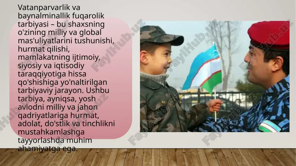 i, yoshlarni o‘z davlatining qonunlariga hurmat bilan yondashishga, o‘z huquq va burchlarini bilishga va ijtimoiy mas'uliyatni his qilishga o‘rgatishdir. shu maqsadda ta'lim tizimi, o‘qituvchilar, pedagoglar hamda davlat va jamiyatning hamkorligi muhim rol o‘ynaydi. yoshlar huquqiy madaniyat va fuqarolik ongini o‘rganishda zamonaviy pedagogik texnikalar, interaktiv usullar va axborot texnologiyalaridan keng foydalanish mumkin. shuningdek, davlatning huquqiy siyosati va yoshlarni huquqiy ma'lumotlar bilan ta'minlash borasidagi tashabbuslari bu jarayonni yanada samarali qilishga yordam beradi. yoshlarning huquqiy madaniyatini shakllantirishda milliy va xalqaro qadriyatlar, shuningdek, huquqiy an'analar muhim o‘rin tutadi. buning natijasida yosh avlod nafaqat o‘z huquqlarini bilib, balki jamiyatning faol va mas'uliyatli fuqarolari sifatida tarbiyalanadi. yosh avlodning huquqiy madaniyati va ongini shakllantirish, fuqarolik tarbiyasining tarkibiy qismi sifatida jamiyatda huquqiy bilimlarni va mas'uliyatni oshirishga qaratilgan muhim jarayon hisoblanadi. bu jarayon, yoshlarni o'z huquq va majburiyatlarini tushunishga, qonunlarni hurmat qilishga va ijtimoiy xulq-atvorni rivojlantirishga yo'naltirilgan. huquqiy madaniyat va uning shakllanishi huquqiy madaniyat — bu insonning huquq va …