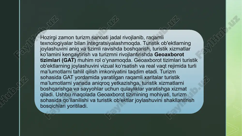 rni taqdim etadi. real-time monitoring: geoaxborot tizimida real vaqt rejimida monitoring qilish orqali ob'ektlarning holatini tahlil qilish, ta'mirlash yoki yangilash zaruratini aniqlash mumkin. dinamik xaritalar: dinamik xaritalar yordamida ob'ektlarning vaqt o‘tishi bilan o‘zgarishini ko‘rsatish mumkin, masalan, yil davomida ob'ektlar orasidagi sayyohlar oqimi o‘zgarishi. geoaxborot tizimlari turistik ob’ektlar joylashuvini shakllantirish va monitoring qilishda muhim vositaga aylangan. tizim yordamida sayyohlar uchun qulay sharoitlar yaratish, yangi ob’ektlarni qo‘shish, mavjudlarini yangilash va tahlil qilish imkoniyatlari paydo bo‘ladi. bu nafaqat sayohat jarayonini osonlashtiradi, balki turizm sohasida resurslarni samarali boshqarish imkonini yaratadi. geoaxborot tizimlarining qo‘llanilishi bilan, turizm sohasida innovatsion yondashuvlar, ilg‘or texnologiyalar va ma'lumotlar tahlili asosida samarali qarorlar qabul qilinadi. geoaxborot tizimlaridan foydalanish orqali turizm sohasidagi xizmatlar sifatini oshirish, yangi turistik maskanlarni rivojlantirish va mamlakatlar o‘rtasida sayyohlik oqimini boshqarish imkoniyati yaratiladi. shuningdek, bu tizimlarni sayohatlar, geografik tahlillar va boshqa turistik xizmatlar uchun qulay vosita sifatida keng qo‘llash mumkin. shunday qilib, geoaxborot tizimlarining turizm sohasidagi ahamiyati beqiyos …
