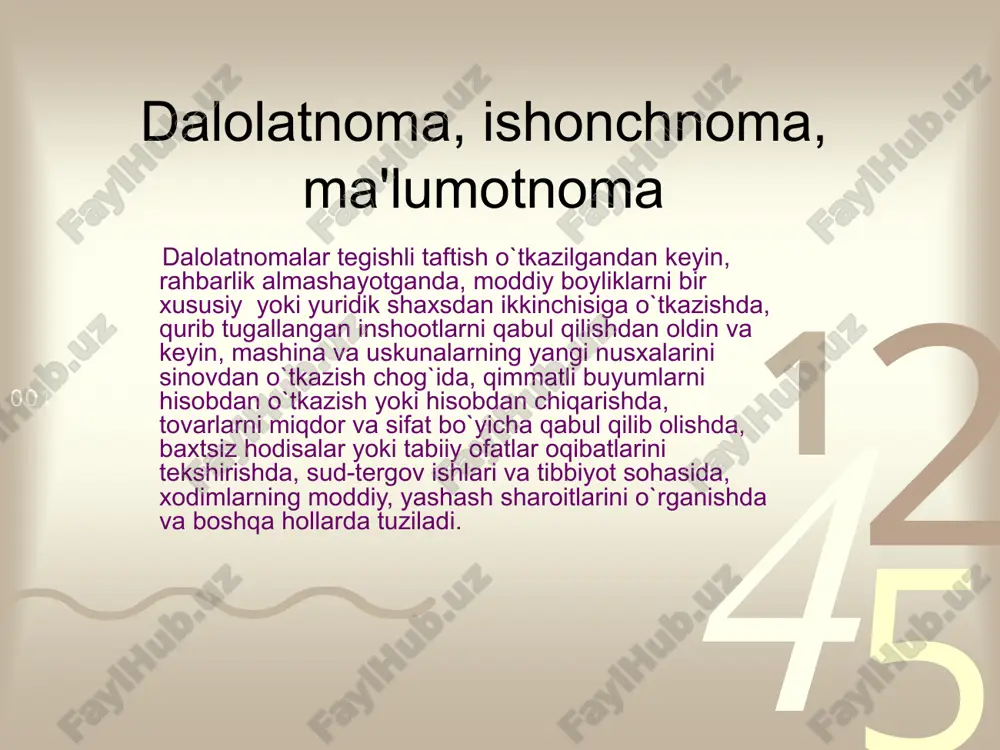 ogramma rais va kotib tomonidan imzolanadi va asosiy bayonnomaga ilova qilinadi. bayonnomaning asosiy zaruriy qismlari: muassasa nomi. sarlavha (bamaslahat ish ko`ruvchi organ yoki yig`ilishning nomi) hujjatning nomi (bayonnoma). yig`ilish sanasi. shartli raqami. yig`ilish joyi. tasdiqlash ustxati (agar bayonnoma tasdiqlanishi zarur bo`lsa). yig`ilish raisi va kotibining familiyasi. matn: a) qatnashchilar ro`yxati yoki soni ; b) kun tartibi ; v) eshitildi ; g) so`zga chiqdilar ; d) qaror qilindi. ilovalar (agar ular mavjud bo`lsa) imzolar. zaruriyat tufayli majlis davomida qabul qilingan qarorlardan ko`chirmalar rasmiylashtiriladi. buyruqdan ko`chirma bo`lganidek, bayonnomadan ko`chirma ham imzo bilan tasdiqlanadi. ba'zan bayonnomadan ko`chirmalarda yig`ilishda qatnashuvchilarning familiyasi yoki soni, shuningdek ko`rilgan masala bo`yicha muhokamada ishtirok etganlar familiyasi ham ko`rsatib o`tiladi. bayonnomaning matn qismidan faqat tashkilot yoki shaxsga etkazilishi kerak bo`lgan bo`laklargina olinadi. agar kun tartibida uch masala muhokama etilgan bo`lsa, kerakli masala bo`yicha qabul qilingan qaror olinadi. image4.jpeg image2.wmf image3.wmf image1.jpeg 4 2 5 1 3 0011 0010 1010 1101 …