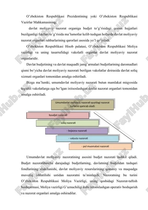 rgani) ni jalb qilgan holda, moliya va soliq organlari tomonidan (hukumat ijroiya organlarining nazorati) amalga oshiriladi. budjet nazoratining vazifalari: · budjet moddalari hajmi, tarkibi va maqsadliligi bo’yicha to’g’ri tuzilishi va ijro etilishini ta’minlash; · budjet mablag’lari hisobiga xarajatlarni nazarda tutuvchi yoki budjetning shakllanishi va ijrosiga ta’sir etuvchi davlat organlarining qonun va normativ-huquqiy hujjatlari loyihalari, davlat dasturlari va boshqa hujjatlarning moliyaviy ekspertizasini amalga oshirish; · buxgalteriya hisobi va hisoboti yuritilishining to’g’riligi ustidan nazorat;  budjet mablag’lari va budjetdan tashqari jamg’armalar mablag’larining samarali va maqsadli ishlatilishi ustidan nazorat; · barcha darajadagi budjetlar va budjetdan tashqari jamg’armalarga tushumlar to’liq va o’z vaqtida kelib tushishi ustidan nazorat; · budjet jarayonining barcha bosqichlarida budjet va soliq intizomiga rioya qilinishi ustidan nazorat; · turli darajadagi budjetlarning daromadlar bazasini oshirish va ularning xarajatlar qismini kamaytirish zaxiralarini aniqlash; · budjetlararo munosabatlar mexanizmini amalga oshirish ustidan nazorat; · budjet va budjetdan tashqari jamg’armalar mablag’lari harakatlarining qonuniyligi va o’z vaqtidaligi …