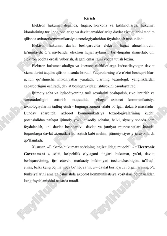 n-layn to‘ldirish va topshirish, zaruriy ma’lumotnoma, ruxsatnoma va boshqa hujjatlarni on-layn tarzda shakllantirib, yuklab olishi, chop etishi kabi interaktiv xizmatlardan foydalanishi mumkin bo‘ladi. standartlashtirilgan va avtomatlashtirilgan interaktiv xizmatlardan foydalangan xolda, yuridik shaxs, o‘zi uchun zaruriy davlat xizmatlaridan on-layn foydalanishi imkoni paydo bo‘ladi. masalan, yuridik shaxs, o‘z faoliyatini yuritish uchun maxsus ruxsatnomalar (litsenziya, patent, bojxona ko‘rigi kabi) olishi yoki, davlat organlariga hisobot (masalan soliq deklaratsiyalari) topshirishi uchun tegishli portaldan foydalanib, tezkor va qulay ravishda ko‘zlangan maqsadga erishishi mumkin. bunda to‘lovlarni ham on-layn usulda, internet banking yoki sms-banking kabi xizmatlardan foydalanib amalga oshirish imkoniyati yaratiladi. davlat boshqaruvi ichki strukturasi – vazirliklar, idoralar, tashkilot va muassasalar, markaziy, hududiy va mahalliy hokimiyatlar, orasida elektron hujjat almashinuvi yo‘lga qo‘yiladi. idoralararo munosabatlarda yaxlit interaktiv axborot tizimini qo‘llash orqali, o‘zaro aloqa va ichki monitoring tizimi shaffoflanadi. qolaversa, elektron hukumatni joriy qilish orqali erishilishi ko‘zda tutiladigan yana bir qancha iqtisodiy va ijtimoiy naf omillari ham mavjudki, ularni ham …