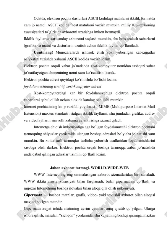 asalan: “sichqon” yordamida: shu xujjatning boshqa qismiga, mazkur kompyuterdagi boshqa faylga yoki internetga ulangan istalgan kompyuterdagi xujjatlarga o`tish imkonini beradi. wwwning barcha serverlari html (hypertext markup language — gipermatnni belgilab chiquvchi til) maxsus tilini qo`llaydi. html-xujjatlar maxsus komandalar yozilgan matnli faylni o`zida aks ettiradi. www xam faqat matnli rejimda ishlovchi, xam grafik rejimni afzal ko`radigan mijozlarga tarmoqqa kirish imkoniyatini ta`minlab beradi. birinchi xolda lynx dasturi, ikkinchisida — mosaic qo`llanadi. ekrandagi gipermatn turli format va uslubdagi xarfli-raqamli axborot birikuvi va muayyan grafik tasvir – suvratlarni o`zida aks ettiradi. gipermatnli xujjatlar bilan aloqa vositachi so`zlar yordamida amalga oshiriladi. mazkur so`zlarni topib mijoz qo`shimcha axborot olish uchun boshqa xujjatga o`tishi mumkin. yangi xujjat xam gipermatn qo`yilmaga ega bo`ladi. mijozning weft-serverlaridan biriga ulangan ishchi stantsiyasida gipermatn bilan ishlash o`quv qo`llanmasida ishlashga qaraganda afzalroq, shu bois yoritilgan materialni www xizmati bilan tanishish yo`lidagi birinchi qadam deb xisoblash mumkin. web-server bilan ishlash mobaynida telnetga chet ulanishni …