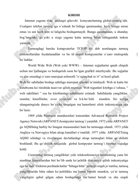 illar va komp`yuterlar domen nomlarini aniqlovchi server. ip manzil va komp`yuterlarning domen kurinishidagi nomlari bilan ishlashni tashqil qilish uchun programma joylashtirilgan komp`yuterining ip manzili ko`rsatiladi. u yoki bu serverning vaqtincha ishlamay qolishini yoki ular bilan boglanish qiyin bulishini nazarda tutib, (sabablar turli bulishi mumkin) bir kancha dns serverlarini ko`rsatish mumkin. proxy. internet da ba`zi bir ma`lumotlarga ko`pchilik murojaat qilgani uchun bu ma`lumotlarga oid serverga ulanish (navbat katta bo`lgani uchun) sekin bulishi mumkin. shuning uchun ko`pchilik murojaat qiladigan serverlar nushalari boshqa serverlarda ham saqlanadi. bunday serverlar proxy serverlar deyiladi. proxy serverdan foydalanish imkoniyati odatda programmalarni urnatishda e`tiborga olinishi zarur. hozirda ko`p internet ma`lumotlarni ko`rish uchun ms internet explorerdan foydalanganda, unda proxy programmasi orqali foydalanish nazarda tutiladi. mirror serverlar. ko`pchilikni kiziktiruvchi serverlar odatda boshqa mamlakatlar serverlariga ham joylashtiriladi. bu esa mamlakatlarga yuboriladigan suroklarning hajmini kamaytirishga va tegishli ma`lumotlarni (internet sahifalarini) tez topishga imkon tugdiradi. odatda mirror serverining borligi home page (uy sahifalarida)da …