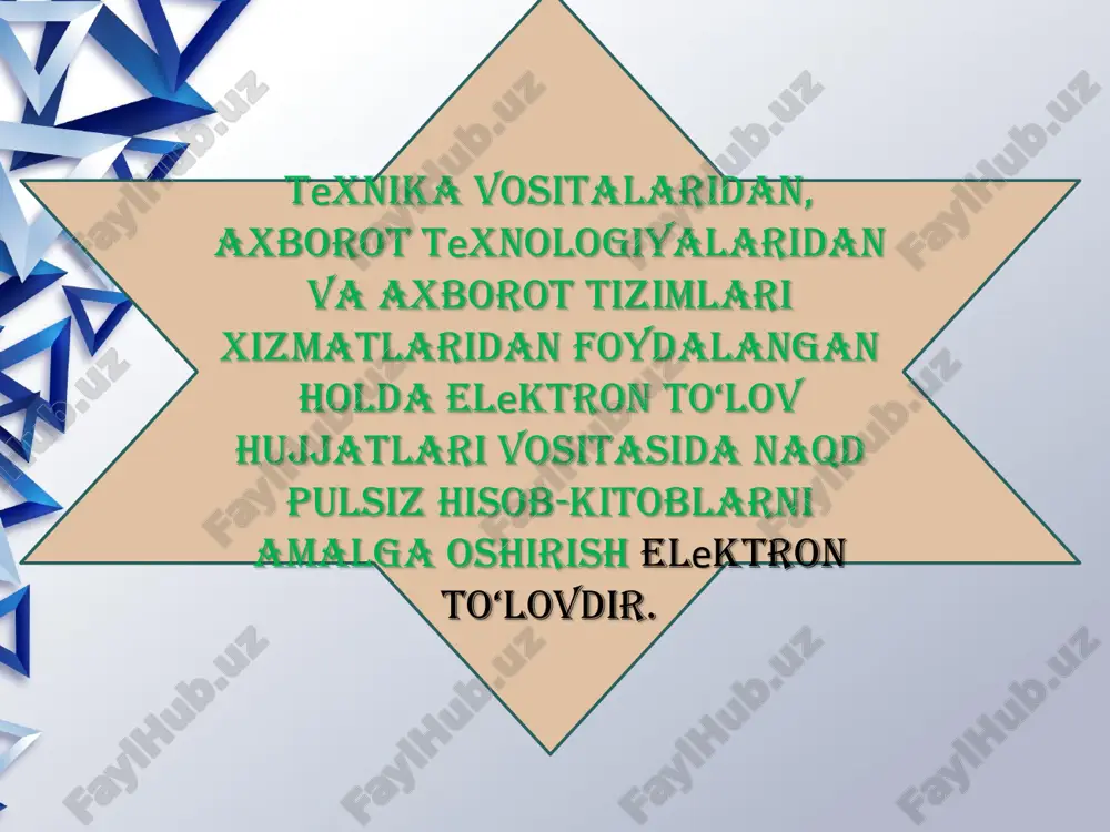 me’yoriy-huquqiy hujjatlar, texnik-dasturiy ta’minot va tashkiliy-texnik infrastruktura majmuiga asoslangan tizim hisoblanib, elektron formatdaki, naqd pulsiz toʻlovlarni amalga oshirishga xizmat qiladi hamda mikroprotsessorli plastik kartochkalarni tarqatuvchi banklarni, tovarlar va xizmat koʻrsatish subyektlarini, tijoriy banklarni, shuningdek bir qancha sohadagi tashkilotlarni yagona tizimga birlashtiradi. ushbu milliy toʻlov tizimi oʻzbekiston respublikasi vazirlar mahkamasining 24 -sentabr 2004- yil 445-sonli “plastik kartochkalar asosida hisob-kitob qilish tizimini yanada rivojlantirish chora tadbirlari to‘g‘risida”gi qarori hamda o’zbekiston respublikasi prezidentining 3- avgust 2006- yildagi 433-sonli “plastik kartochkalar asosida naqd pulsiz hisob-kitob tizimini yanada rivojlantirishga oid qoʻshimcha chora-tadbirlar toʻgʻrisida”gi qarorlarining ijrosini ta’minlash maqsadida tashkil etilgan boʻlib, plastik kartochkalar orqali savdo-sotiq uchun qulay shart-sharoit yaratish va aholidan plastik kartochkalar orqali toʻlovlarni qabul qilish uchun terminal tarmoqlarini kengaytirishga xizmat qiladi. xulosa • elektron to‘lov tiziminining rivojlanishi aholi uchun ko‘plab qulayliklar yaratadi. elektron to‘lov tiziminining rivojlanishi aholi turmush darajasining yaxshilanishini, marketing, menejment kabi sohalarning rivojlanishini, o‘zbekiston iqtisodiyotining barqarorlashishini ta’minlaydi. shunday qilib, o‘zbekistonda elektron to‘lov …
