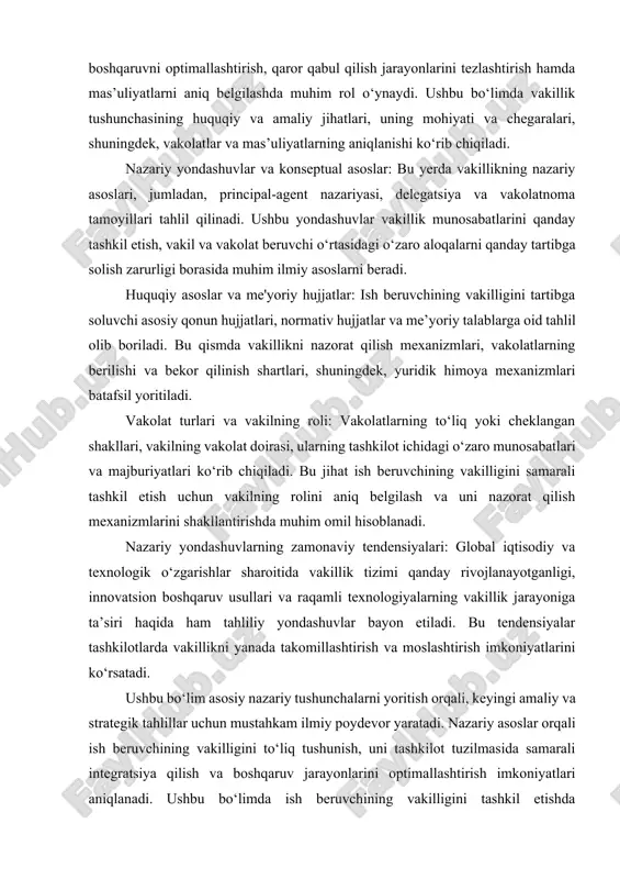 ayotganligi, innovatsion boshqaruv usullari va raqamli texnologiyalarning vakillik jarayoniga ta’siri haqida ham tahliliy yondashuvlar bayon etiladi. bu tendensiyalar tashkilotlarda vakillikni yanada takomillashtirish va moslashtirish imkoniyatlarini ko‘rsatadi. ushbu bo‘lim asosiy nazariy tushunchalarni yoritish orqali, keyingi amaliy va strategik tahlillar uchun mustahkam ilmiy poydevor yaratadi. nazariy asoslar orqali ish beruvchining vakilligini to‘liq tushunish, uni tashkilot tuzilmasida samarali integratsiya qilish va boshqaruv jarayonlarini optimallashtirish imkoniyatlari aniqlanadi. ushbu bo‘limda ish beruvchining vakilligini tashkil etishda qo‘llaniladigan asosiy nazariy yondashuvlar, konseptual modellar va huquqiy asoslar batafsil tahlil qilinadi. bu yondashuvlar tashkilotning ichki boshqaruv tizimini samarali tashkil etish, vakolatlarni optimal taqsimlash va mas’uliyatlarni aniq belgilashda hal qiluvchi rol o‘ynaydi. nazariy modellar va konseptual yondashuvlar: ushbu bo‘limda ilgari surilgan nazariy modellar, jumladan, principal-agent (asosiy vakil-agent) modeli va delegatsiya nazariyasi chuqur tahlil qilinadi. bu modellar vakolat berish jarayonining iqtisodiy, psixologik va yuridik jihatlarini yoritib, ish beruvchi va vakil o‘rtasidagi munosabatlarni tartibga solishda muhim o‘rin tutadi. principal-agent modeli: bu nazariy …