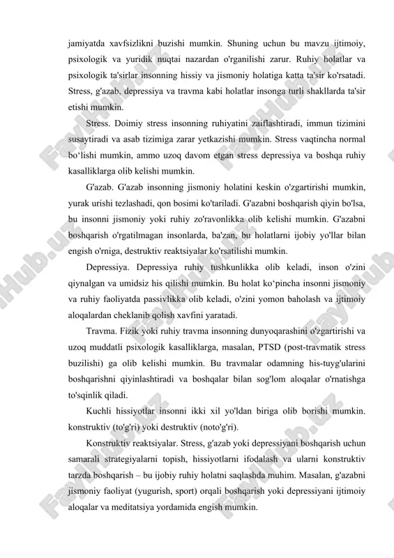 otlarni ifodalash va ularni konstruktiv tarzda boshqarish – bu ijobiy ruhiy holatni saqlashda muhim. masalan, g'azabni jismoniy faoliyat (yugurish, sport) orqali boshqarish yoki depressiyani ijtimoiy aloqalar va meditatsiya yordamida engish mumkin. destruktiv reaktsiyalar. agar inson kuchli hissiyotlarni to'xtata olmasa yoki ularni noto'g'ri tarzda boshqarishga harakat qilsa, bu xavfli holatlarga olib kelishi mumkin. misol uchun, g'azabni boshqarishning noto'g'ri usullari – agressiya yoki jinoyat qilish, depressiyani esa alkogol yoki giyohvand moddalar yordamida engishga harakat qilish. psixopatologiya va ruhiy kasalliklar ba'zan jinoyat qilishga olib kelishi mumkin, lekin bu holat ko'pincha faqat bir qism insonlar uchun tegishli. psixologik kasalliklar (masalan, antisotsial shaxsiyat buzilishi, paranoiya, schizofreniya va boshqalar) ba'zi holatlarda insonni normativ qoidalar va huquqlardan chetlatadi. ayrim ruhiy kasalliklar (masalan, schizofreniya yoki psixopatologik holatlar) odamni o'z xatti-harakatlarini nazorat qila olmaydigan darajaga olib kelishi mumkin, bu esa jinoyat qilishga sabab bo'lishi mumkin. biroq, ruhiy kasalliklar har doim jinoyatga olib kelmasligi kerak va ko'plab psixologik kasalliklarni davolash …