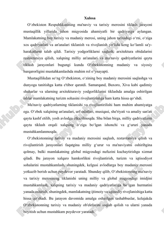 driyatga aylangan. mamlakatning boy tarixiy va madaniy merosi, uning jahon tarixidagi o‘rni, o‘ziga xos qadriyatlari va an'analari tiklanish va rivojlanish yo‘lida keng ko‘lamli sa'y-harakatlarni talab qildi. tarixiy yodgorliklarni saqlash, arxitektura obidalarini restavratsiya qilish, xalqning milliy an'analari va ma'naviy qadriyatlarini qayta tiklash jarayonlari bugungi kunda o‘zbekistonning madaniy va siyosiy barqarorligini mustahkamlashda muhim rol o‘ynayapti. mustaqillikdan so‘ng o‘zbekiston, o‘zining boy madaniy merosini saqlashga va dunyoga tanitishga katta e'tibor qaratdi. samarqand, buxoro, xiva kabi qadimiy shaharlar va ularning arxitekturaviy yodgorliklarini tiklashda amalga oshirilgan ishlar mamlakatning turizm sohasini rivojlantirishga ham katta hissa qo‘shdi. ma'naviy qadriyatlarning tiklanishi va rivojlantirilishi ham muhim ahamiyatga ega. o‘zbek xalqining an'analari, urf-odatlari, musiqasi, she'riyati va amaliy san'ati qayta kashf etilib, yosh avlodga etkazilmoqda. shu bilan birga, milliy qadriyatlarni qayta tiklash orqali xalqning o‘ziga bo‘lgan ishonchi va g‘ururi yanada mustahkamlanmoqda. o‘zbekistonning tarixiy va madaniy merosini saqlash, restavratsiya qilish va rivojlantirish jarayonlari faqatgina milliy g‘urur va ma'naviyatni oshiribgina qolmay, balki mamlakatning global …