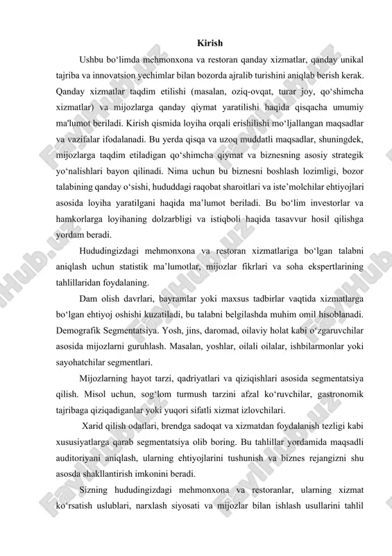 tadbirlari va maxsus aksiyalar orqali hududiy mijozlarni jalb qilish. ushbu strategiyalar yordamida nafaqat raqobatchilar bilan samarali kurashish, balki o‘z biznesingizning bozordagi o‘rnini mustahkamlash va kengaytirish mumkin. ushbu tahlillar va strategiyalar asosida biznes rejangizni puxta shakllantirish, investorlar va hamkorlar uchun ishonchli asos yaratishga yordam beradi. bozor talabining kengaytirilgan tahlili. hududingizdagi aholining umumiy daromad darajasi, yashash tarzi va iste'mol odatlari haqida ma'lumotlarni o‘rganish orqali xizmatga bo‘lgan umumiy talabni aniqlash mumkin. mijozlar bilan to‘g‘ridan-to‘g‘ri aloqalar (onlayn so‘rovnomalar, shaxsiy intervyular, fokus guruhlar) orqali xizmatlardan qanday foydalanish, ularning ehtiyojlari va kutilgan qo‘shimcha xizmatlar haqida batafsil ma'lumot yig‘ish muhim. veb-analitika va ijtimoiy media monitoringi orqali mijozlarning qiziqishlari va xizmatlar bilan bog‘liq sharhlarni o‘rganish, talabning dinamikasini tahlil qilish imkonini beradi. demografik tahlil. yosh, jinsi, daromad darajasi, ta'lim darajasi kabi ko‘rsatkichlar yordamida asosiy segmentlarni aniqlash. misol uchun, yosh ishbilarmonlar uchun premium xizmatlar yoki oilali mijozlar uchun oilaviy paketlar yaratilishi mumkin. mijozlarning hayot tarzi, qadriyatlari va istaklarini chuqurroq tahlil …