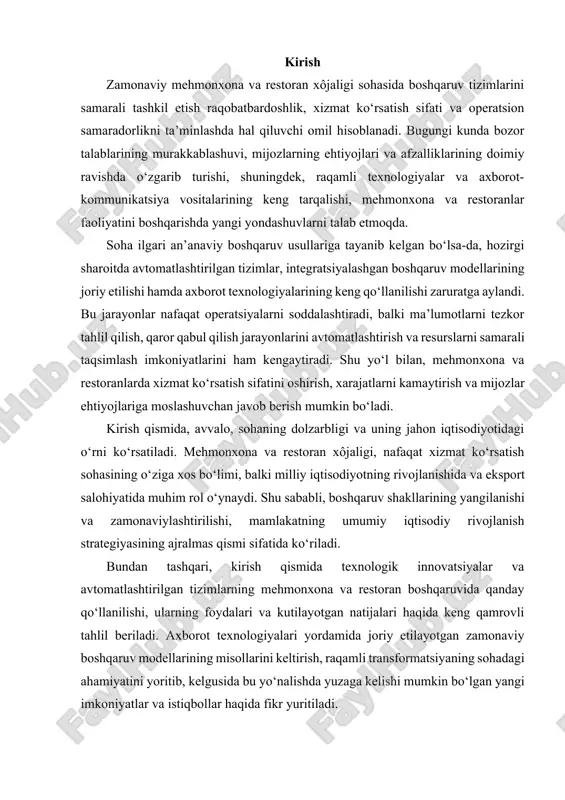 a real vaqt rejimida mavjudlik haqidagi ma’lumotni ham taqdim etadi. xizmat jarayonlarini raqamlashtirish: front-desk, oshxona, kadrlar va boshqa bo‘limlar o‘rtasidagi axborot oqimi avtomatlashtirilgan tizimlar orqali amalga oshiriladi. shu tarzda, har bir bo‘limning o‘zaro faoliyati sinxronlashtirilib, xatoliklar kamayadi va operatsion samaradorlik oshadi. eal vaqt monitoringi va hisobotlar: avtomatlashtirilgan tizimlar doimiy ravishda operatsion ko‘rsatkichlarni kuzatib boradi, masalan, bandlik darajasi, mijozlar oqimi, moliyaviy ko‘rsatkichlar va inventar holati. ushbu ma’lumotlar asosida menejerlar tez va aniq qarorlar qabul qilish imkoniga ega bo‘ladi. kuchli ma’lumotlar bazasi: tizimlar mijozlar, mahsulotlar va operatsion jarayonlarga oid katta hajmdagi ma’lumotlarni saqlab, tahlil qiladi. bu esa kelgusidagi strategik rejalashtirish va marketing faoliyatlarini data-driven (ma’lumotlarga asoslangan) tarzda tashkil etishga yordam beradi. bo‘limlararo integratsiya: avtomatlashtirilgan boshqaruv tizimlari mehmonxona va restoranning barcha bo‘limlari – front-desk, oshxona, inventar boshqaruvi, kadrlar, moliya va marketing – o‘rtasidagi ma’lumotlar almashinuvi va koordinatsiyani ta’minlaydi. bu integratsiya umumiy tizim samaradorligini oshiradi. texnologik yechimlar: bulutli hisoblash, internet of things (iot) va …