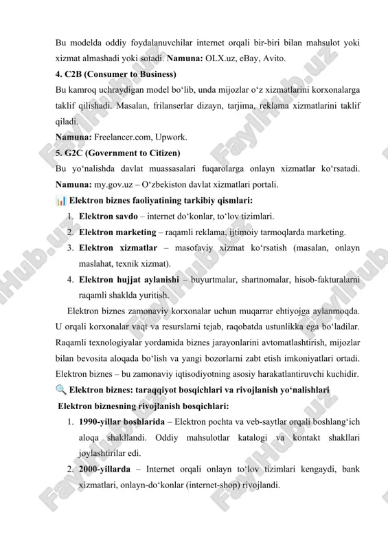 amli transformatsiya elektron biznes — bu oddiy veb-sayt ochish bilan cheklanmaydi. u korxonaning barcha faoliyat sohalarini raqamli vositalar yordamida qayta tashkil qilish (transformatsiya qilish) demakdir. misollar: · elektron hujjat aylanishi: an’anaviy qog‘ozdagi buyurtmalar o‘rniga avtomatik shartnomalar, invoislar. · crm tizimlari: mijozlar bilan aloqalarni boshqaruvchi platformalar (masalan, bitrix24, salesforce). · erp tizimlari: korxonadagi barcha jarayonlarni yagona platformada boshqarish (sap, 1c, odoo). · elektron marketing: seo, smm, email marketing orqali reklama qilish. 📉 kamchiliklari (lekin bartaraf etilishi mumkin): · texnik xatoliklar bo‘lishi mumkin (server ishdan chiqishi, sayt xatolari); · internetga bog‘liqlik (xizmatlar faqat tarmoq mavjud bo‘lsa ishlaydi); · maxfiylik va kibertahdidlar (xakerlik hujumlari, ma’lumotlar o‘g‘irlanishi). bular uchun korxonalar axborot xavfsizligi siyosati, rezerv nusxalash, antivirus tizimlari va it bo‘limlar tashkil qilishadi. 🌍 dunyo va o‘zbekistondagi holat: · dunyo bo‘yicha 2024-yil oxiriga kelib global elektron savdo bozori hajmi 6,3 trillion aqsh dollariga yetgan. · o‘zbekistonda esa "raqamli o‘zbekiston – 2030" strategiyasi asosida barcha sohalarda …