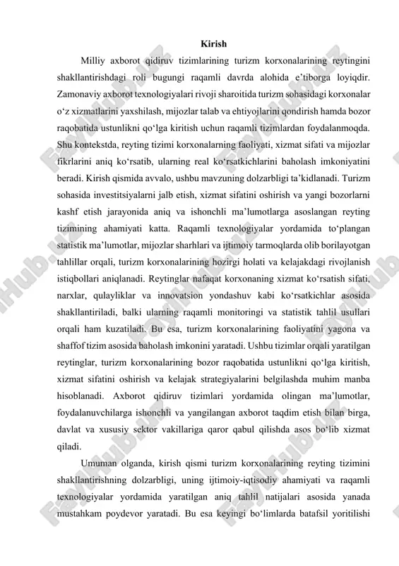 sh uchun web scraping, api chaqiruvlari va ma’lumotlar integratsiyasi vositalari qo‘llaniladi. ushbu texnologiyalar ma’lumotlar bazasiga doimiy kirishni ta’minlaydi, shu bilan birga, yangilanishlar va o‘zgarishlar tezda aks ettiriladi. an’anaviy usullar, masalan, elektron so‘rovnomalar va telefon intervyulari, hamkorlikdagi ekspertlar bilan uchrashuvlar orqali qo‘shimcha sifatli ma’lumotlar olinadi. ushbu jarayonlar korxonalarning ichki faoliyatiga oid nozik tafsilotlarni aniqlashga yordam beradi. turli manbalardan keladigan ma’lumotlar yagona formatga keltiriladi. bu bosqichda keraksiz yoki takroriy yozuvlar ajratib olinadi, shuningdek, mavjud xatoliklar to‘g‘rilanadi. ma’lumotlar kontent, sana, geografik joylashuv, mijoz baholari, narxlar kabi asosiy indikatorlarga qarab turkumlanadi. bu esa keyingi tahlil jarayonini yanada osonlashtiradi. yig‘ilgan ma’lumotlar ustida statistik metodlar (distribyutsiya, dispersiya, korrelyatsiya) qo‘llaniladi. bu usullar orqali xizmat sifati, narxlar va mijozlar qoniqishi kabi ko‘rsatkichlar o‘rtasidagi bog‘liqliklar aniqlanadi. shuningdek, trendlarni kuzatish va kelajak prognozlarini tuzishda asos bo‘ladi. kengaytirilgan tahlil jarayonida, ayniqsa mijozlarning sharhlaridan sentiment tahlili olib borish uchun sun’iy intellekt va mashina o‘rganish algoritmlari (masalan, klasterlash va tavsifiy modellash) qo‘llaniladi. bu …