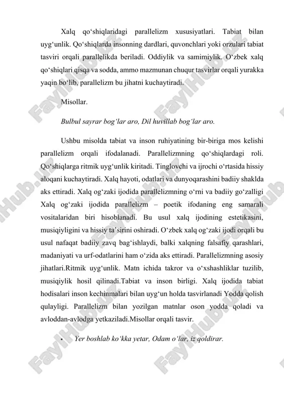 r ko‘rsatiladi. epik janrning asosiy xususiyatlari quyidagilardan iborat. keng hajmda ifoda. epik asarlar odatda katta hajmda, voqealarning to‘liq tasvirini berishga qaratilgan. hikoya qilish. epik janrda asosan hikoya shaklida voqealar ifodalanadi. bu janrda oddiy bir shaxsning faolligi yoki hatto jamiyatdagi yirik hodisalar ham tasvirlanadi. badiiy vositalar. epik asarlar ko‘pincha detallarga e'tibor berib, hayotning turli jihatlarini tasvirlash uchun badiiy vositalar va tasvirlar yordamida yoziladi. xalq og‘zaki ijodida adabiy qoliplarning ahamiyati xalq og‘zaki ijodi - xalqning urf-odatlari, e'tiqodlari, qadriyatlari va tarixiy xotirasining badiiy shaklga keltirilgan ifodasidir. xalq og‘zaki ijodida adabiy qoliplar, shuningdek, til va uslubi xalqning o‘ziga xos xususiyatlarini aks ettiradi. bu qoliplarning ahamiyati quyidagilarda namoyon bo‘ladi. an'anaviy ifoda shakllari. xalq og‘zaki ijodida ko‘p hollarda ma'lum bir qoliplar, takrorlanishlar, so‘zlar va ifodalar ishlatiladi. bu esa asarlarni o‘qish yoki tinglash jarayonini yanada yengillashtiradi. kulminatsiya va shiddat. ko‘plab epik asarlarda asarlarning kulminatsiyasi va shiddatli voqealari an'anaviy qoliplar yordamida shakllanadi. misol uchun, "qahramonning kuch-qudrati" yoki "yovuz …