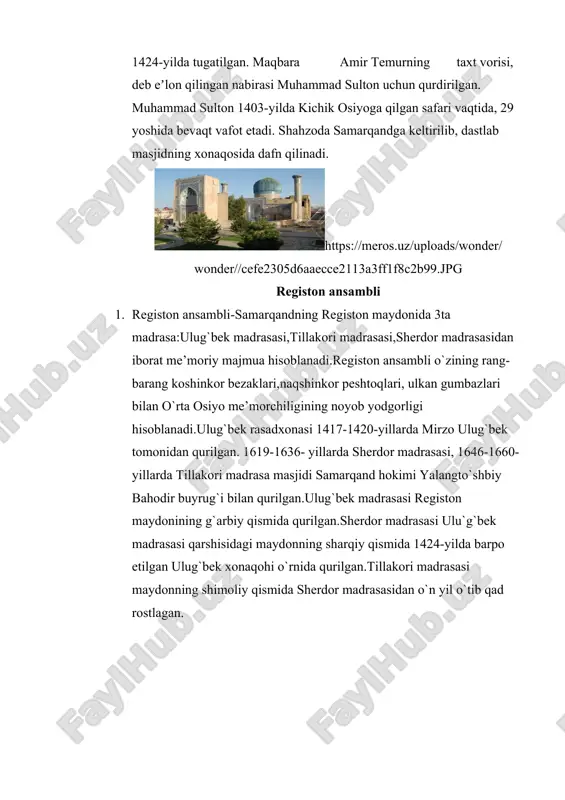 shahrining markazida ulug‘vor me’moriy yodgorlik - amir temur bibixonim sobori joylashgan. masjid sarkardaning buyrug‘i bilan 1399- 1404 yillarda qurilgan va o‘rta osiyodagi eng katta masjid bo‘lib hisoblanadi. masjid tarjimasi "katta malika" degan ma’noni anglatuvchi tarixda saroy mulk xonim nomi bilan tanilgan sarkardaning sevimli xotini bibi xonim sharafiga qo‘yilgan. turistik marshrut joylashtirish vositalari turistlar qoladigan muddat: 2 kechayu 2 kunduz mehmonxona nomi: continental hotel samarkand nomerlar soni: 64 ta soni: twin room- 19 ta, double room- 36 ta , tripple room- 7 ta , luks room- 2 ta narxi: deluxe double room- 120$ , deluxe twin room- 120$ ; comfort triple room- 140$ ; junior suite- 358,5$ asosiy xizmatlar: nonushta, wi-fi, spa, turk hammomi, sport zali qo`shimcha xizmatlar: mini bar manzil: 7 university boulevard, samarkand 140100 telefon raqam: +99855 705 07 07 +99890 102 00 08 e.mail: info@continentalhotel.uz sayt: www.continentalhotel.uz № nomerlar kategoriyasi soni narxi 1 deluxe double room 3 ta …