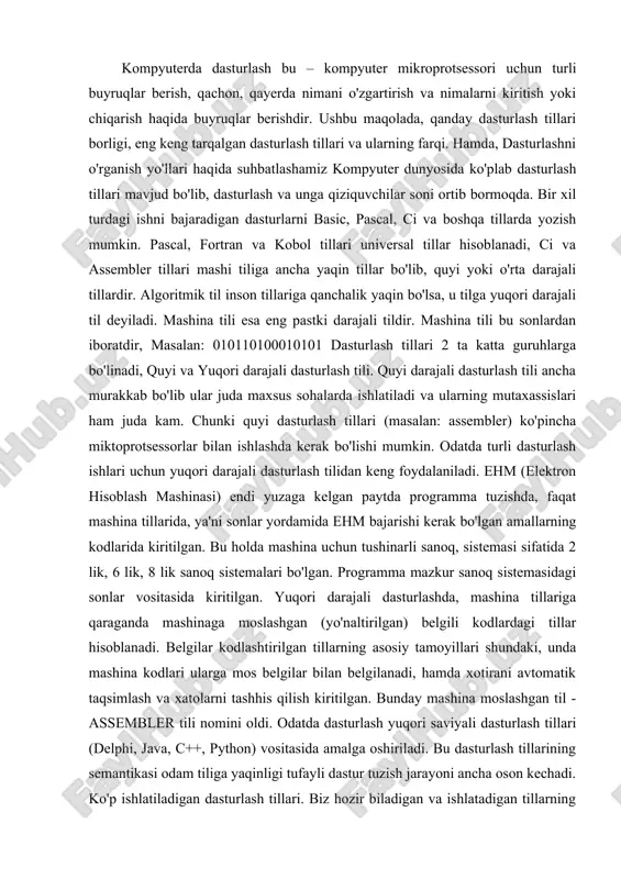 lganda ancha oqsaydi. unda o`zgaruvchilarni oldindan e'lon qilib qo`yish evaziga ishlatilmaydigan o`zgaruvchilar va massivlar ham joy olib turadi. eng keng tarqalgan dasturlash tili(windows os ida) microsoft visual c++ tilidir. ko`pchilik dasturlar hozirda shu tilda tuziladi. umuman olganda, c ga o`xshash(c-podobniy) tillar hozirda dasturlashda yetakchi. deyarli hamma zamonaviy tillarning asosida c yotadi. bundan tashqari, turli komputer o'yinlari tuzishda yoki kichik hajmdagi dasturlar tayyorlashda lua script yoki javascript tillari ham keng ishlatilmoqda. biz sizga xozirgi kunda keng tarqalgan desktop dasturlashda ishlatiladigan dasturlash tillaridan bazilari haqida aytib o'tamiz: delphi (talaff. délfi) — dasturlash tillaridan biri. borland firmasi tomonidan ishlab chiqarilgan. delphi dasturlash tili ishlatiladi va avvaldan borland delphi paketi tarkibiga kiritilgan. shu bilan bir qatorda 2003-yildan hozirgacha qoʻllanilayotgan shu nomga ega bulgan. object pascal — pascal tilidan bir qancha kengaytirishlar va toʻldirishlar orqali kelib chiqqan boʻlib, u ob'yektga yoʻnaltirilgan dasturlash tili hisoblanadi. avvaldan ushbu dasturlash muhiti faqatgina microsoft windows amaliyot tizimi uchun dasturlar …