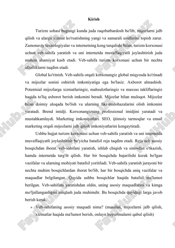niq va ma'lumotli bo'lishi kerak. asosiy xizmatlaringiz va takliflaringiz haqida batafsil ma'lumot bering. · rasmlar va videolar. yuqori sifatli rasmlar va videolar veb-sahifangizni yanada jozibador qiladi. turizm xizmatlaringizni aks ettiruvchi rasmlar va videolarni qo'shing. · blog. blog bo'limi orqali foydali va qiziqarli maqolalar yozing. bu seo uchun ham foydali bo'ladi va mijozlar bilan bog'lanish imkonini beradi veb-sahifangizning texnik jihatlari ham muhim ahamiyatga ega. quyidagi texnik masalalarni ko'rib chiqish lozim. · platforma tanlash. siz veb-sahifangizni yaratish uchun wordpress, joomla, wix yoki boshqa platformalarni tanlashingiz mumkin. har bir platformaning o'ziga xos afzalliklari va kamchiliklari bor, shuning uchun ehtiyojlaringiz va texnik bilimlaringizga mos platformani tanlash muhimdir. · veb-sahifa xavfsizligi. ssl sertifikati o'rnatish, xavfsizlik plaginlari va muntazam zaxira nusxalarini yaratish orqali veb-sahifangizni himoya qilish kerak. · seo (qidiruv tizimlari optimizatsiyasi). veb-sahifangiz qidiruv tizimlarida yuqori o'rinlarni egallashi uchun seo strategiyasini ishlab chiqing. bu jarayonda kalit so'zlarni tadqiq qilish, meta teglar va alt teglarni to'g'ri qo'llash, …