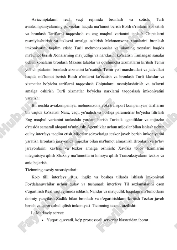sh va qaror qabul qilish imkoniyati tizimning texnik tuzilishi: 1. markaziy server: 0. yuqori quvvatli, ko'p protsessorli serverlar klasteridan iborat 0. katta hajmdagi ma'lumotlarni saqlash uchun raid tizimli xotira qurilmalari 0. tezkor javob berish uchun kesh-xotira tizimlari 0. uzluksiz ishlashni ta'minlash uchun zaxira energiya manbalari 0. operatsion tizim sifatida odatda linux yoki unix ishlatiladi 0. ma'lumotlar bazasini boshqarish uchun oracle yoki postgresql kabi dbms lar qo'llaniladi 1. taqsimlangan serverlar tarmog'i: 0. dunyo bo'ylab strategik joylashgan serverlar 0. har bir server o'z hududidagi so'rovlarni qayta ishlaydi 0. markaziy server bilan doimiy sinxronizatsiya 0. yuklamani muvozanatlash texnologiyalari orqali so'rovlarni taqsimlash 0. cdn (content delivery network) texnologiyalaridan foydalanish 0. hududiy qonunchilikka moslashtirilgan ma'lumotlarni saqlash 1. xavfsizlik tizimlari: 0. ssl/tls protokollari orqali ma'lumotlarni shifrlash 0. ikki faktorli autentifikatsiya tizimi 0. biometrik ma'lumotlardan foydalanish imkoniyati 0. foydalanuvchi huquqlarini boshqarish tizimi (rbac) 0. doimiy xavfsizlik auditi va zaifliklarni tekshirish 0. ddos hujumlaridan himoya tizimlari 0. ma'lumotlarni …