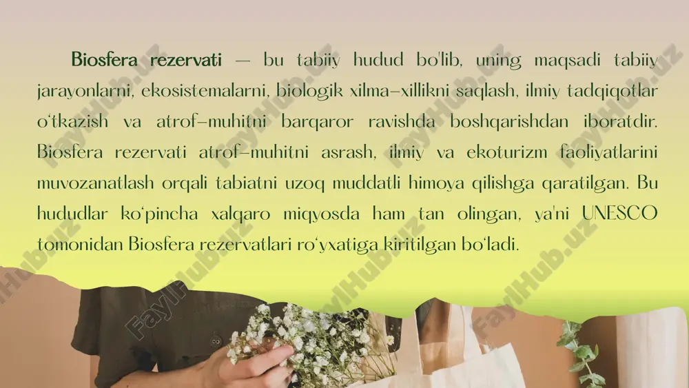 larni aniqlash va kerakli choralar ko‘rish uchun maxsus kuzatuv tizimlari (sensörlar, dronlar, uyali aloqa va boshqa texnologiyalar) joriy etiladi.bu tizimlar o‘simliklar, hayvonlar va suv resurslaridagi o‘zgarishlarni tezda aniqlashga yordam beradi. xavf-xatarlarni tahlil qilish: tabiiy xavf-xatarlar: o‘rmon yong‘inlari, qurg‘oqchilik, suv taqchilligi kabi tabiiy xavf-xatarlarni baholash va oldini olish uchun rejalashtirilgan chora-tadbirlar ishlab chiqiladi.inson faoliyati bilan bog‘liq xavflar: noqonuniy o‘rmon kesish, ov qilish, baliqchilik va boshqa ekologik zarar keltiradigan faoliyatlarni oldini olish uchun kuchli nazorat tizimi va jarimalar belgilanishi lozim. boshqaruv strategiyasi: ekosistemalarni saqlash uchun tabiiy hududlarda faoliyatni cheklash yoki taqiqlash zarur. bu, masalan, o‘rmonlarni kesish yoki o‘g‘il hayvonlarni ovlashni cheklashni o‘z ichiga oladi.ekoturizmni boshqarish uchun aniq qoidalar ishlab chiqilib, sayohatlar ekologik normativlarga mos keladigan tarzda amalga oshiriladi, atrof-muhitga zarar yetkazilmasligi uchun chora-tadbirlar ko‘riladi. e’tiboringiz uchun rahmat fergana state university image1.jpeg image2.png image3.svg image4.jpeg image5.jpeg image6.jpeg image7.jpeg image8.jpeg image9.jpeg image10.jpeg image11.jpeg image12.jpeg /docprops/thumbnail.jpeg