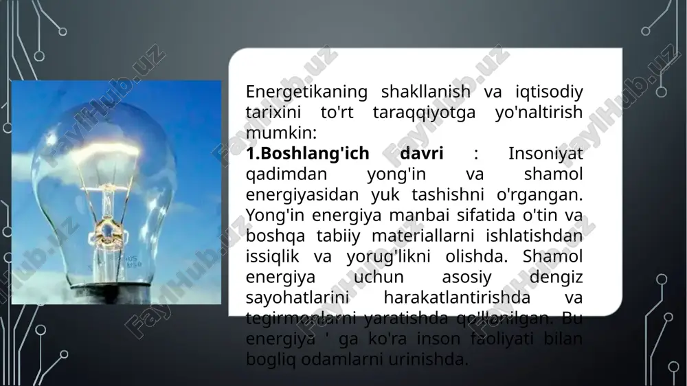 iya manbalarini yuklash. bu ekologik ta'sirni kamaytirib, uzoq energiyani ta'minlash. innovatsion texnologiyalar : energiya energiya manbalarini yaxshilash orqali qayta tiklanadigan energiyaning o'zgaruvchanligini boshqarish o'rtadi. shu bilan birga, kam uglerodli texnologiya va yangi energiya manbalarini ishlab chiqarish, masalan, vodorod yoki bioyoqilg'ilar kabi alternativ manbalarni rivojlantirish bilan iqlim o'zgarishiga qarshi kurashda muhim omillar. energiya quvvatini ta'minlash : uy-joy va sanoat sektori uchun energiya tejovchi texnologiyani keng qo'llash energiya isrofini va quvvatni pasaytiradi. masalan, issiqlik izolyatsiyasi, energiya tejovchi tozalash va avtomatlashtirilgan boshqaruv tizimlari orqali energiyani nazorat qilish mavjud. global hamkorlik va foydalanish ta'minlash choralari : energetika mahsulot ishlab chiqarishni ta'minlash uchun xalqaro miqyosda hamkorlik zarur. bmtning barqaror yordamiga yordam beradigan davlatlararo va harakatviy hamkorliklar ishlab chiqarish va energiya ishlab chiqarishda muhim o'rin tutadi. bu chora-tadbirlar yordam beradi toza, ishonchli va arzon energiyani yaxshilashga yordam beradi. image2.png image3.jpeg image4.jpeg image1.jpeg image5.jpeg image6.jpeg image7.jpeg image8.jpeg image9.jpeg image10.jpeg 697554069