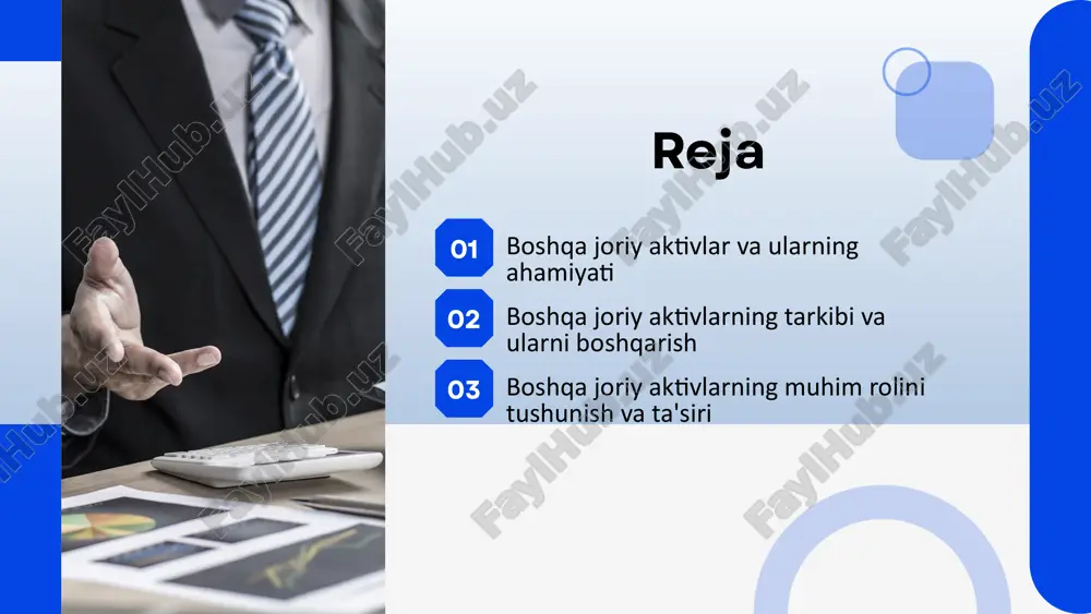 oshqarish boshqa joriy aktivlarni boshqarish kompaniyaning operatsion samaradorligini va moliyaviy holatini yaxshilash uchun muhimdir. ularni boshqarishda quyidagi omillar e’tiborga olinadi: moliyaviy hisob 01 aktivlarning bozor qiymatlarini muntazam ravishda qayta baholash, kompaniyaning real moliyaviy holatini aks ettirishga yordam beradi. bu qarorlar qabul qilishda aniqlik va ishonchlilikni ta'minlaydi. aktivlarni qayta baholash: 02 boshqa joriy aktivlarni moliyaviy hisobotlarda to‘g‘ri aks ettirish, investorlar va kreditorlar uchun shaffoflikni ta'minlaydi. bu hisob-kitoblarni taqdim etishda xatoliklarga yo‘l qo‘ymaslik uchun muhimdir. boshqa joriy aktivlarni moliyaviy hisobotlarda ko'rsatish: 02 korxonaning qisqa muddatli likvidlikni oshirish orqali moliyaviy xavf-xatarlardan himoya qilish mumkin. bu uchun naqd pul oqimlarini optimallashtirish va qisqa muddatli qarzlarni samarali boshqarish zarur. qisqa muddatli likvidlikni oshirish: qisqa muddatli moliyaviy tahlil: oqim tahlili: nisbiy ko‘rsatkichlar: balansda tahlil qilish usullari moliyaviy hisob bu usul orqali kompaniyaning joriy aktivlar va joriy majburiyatlar o‘rtasidagi nisbati o‘rganiladi. agar joriy aktivlar joriy majburiyatlardan ko‘p bo‘lsa, kompaniya yaxshi likvidlikka ega. bu usul bilan kompaniyaning naqd …