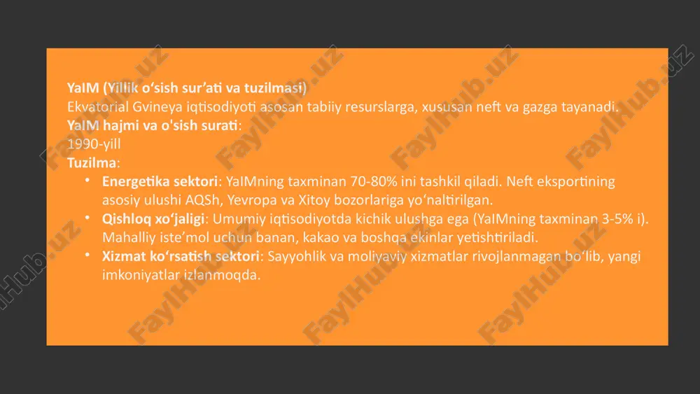 qilish uchun keng vakolatlar berilgan. javobgarlik va jazolar qonunbuzarliklar uchun jiddiy jarimalar, moliyaviy sanksiyalar va qonuniy javobgarlik choralari belgilangan. bojxona qonunchiligi va siyosati tahlili: ekvatorial gvineya misolidaekvatorial gvineya o‘zining strategik geografik joylashuvi va iqtisodiy imkoniyatlari tufayli markaziy afrika iqtisodiy rivojlanishida muhim o‘rin egallaydi. uning bojxona siyosati mintaqaviy va xalqaro savdo, iqtisodiy barqarorlik hamda xavfsizlikni ta’minlashda muhim ahamiyatga ega. quyida bojxona tizimining asosiy yo‘nalishlari kengroq yoritiladi: tashqi savdo rejimlari ekvatorial gvineyaning savdo siyosati uning iqtisodiy strategiyasi bilan chambarchas bog‘liq. imtiyozlar cemac hududi ichida imtiyozlar: mintaqa ichidagi a’zo davlatlar o‘rtasida eksport-import boj stavkalari kamaytirilgan yoki bekor qilingan. erkin iqtisodiy zonalar: maxsus hududlarda boj va soliqlarni kamaytirish orqali xorijiy sarmoyadorlarni jalb qilishga qaratilgan siyosat mavjud. cheklovlar mahalliy ishlab chiqarishni himoya qilish uchun ayrim tovarlarga yuqori boj stavkalari qo‘llaniladi. strategik xomashyo, masalan, neft va gaz eksporti ustidan qattiq nazorat o‘rnatilgan. boj stavkalari tovarlarning turiga qarab boj stavkalari farq qiladi: past stavkalar: zamonaviy texnologiya va …