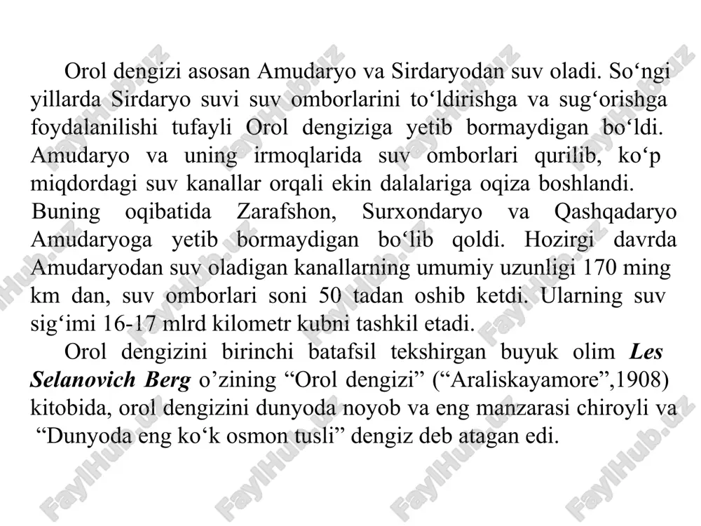 rmoqda: birinchidan, orolbo‘yi hududlarida yashovchi aholining turmush sharoiti pasayishi bilan bir qatorda, ularning sog‘lig‘ida turli muammolar paydo bo‘la boshladi; ikkinchidan, mahalliy iqtisodiyot tanazzulga uchradi (baliq ovi, qisqa muddatli turizm kabi sohalar) va yashash imkoniyatlari qiyinlashdi; uchinchidan, ichimlik suvi tanqisligi, xavfli kasalliklar tarqalishi, yashash sharoitlari og‘irlashishi natijasida aholi migratsiyasi ko‘paydi; to‘rtinchidan, yovvoyi o‘simliklar va hayvonot dunyosi qirilib ketmoqda va mahalliy aholi uchun o‘z madaniy merosni yo‘qotish xavfi ortmoqda. orol mintaqasida ekologik muxitni yaxshilash maksadida global ekologik fondi loyixasining 2003-2008 yillarda mo‘ljallangan loyihasi asosida 10 000ga maydonda saksovulzor barpo etish belgilangan bo‘lib, hozirgi kunda esa ushbu loyixa asosida 17 211 ga maydonda saksovulzor barpo etish ishlari amalga oshirildi. qoraqalpogiston respublikasining o‘rmon xo‘jaliklari tomonidan orolni qurigan tubida 2005 yilda 20 678ga, 2006 yilda – 14 962ga, 2007 yilda esa 16 000 ga maydonda saksovulzorlar barpo etilgan. hozirgi kunda orol dengizi 3 bo‘lakka bo‘lingan: birinchisi - kichik va sayoz shimoliy qismi (sho‘rligi – 8-13g/l); …