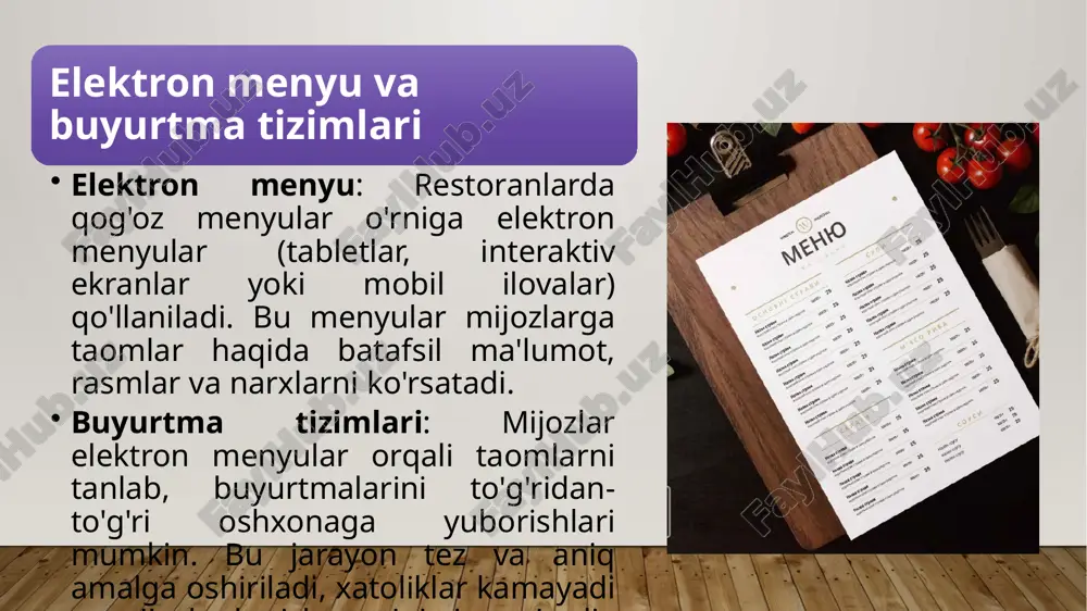 zlarni qaytib kelishga undash uchun ishlatiladi. mijozlar har bir xarid uchun ball to'plashlari va keyinchalik bu ballarni chegirmalar yoki bepul mahsulotlar uchun ishlatishlari mumkin. bu esa mijozlarning sodiqligini oshiradi va ularni restoranga qaytib kelishga undaydi. maxsus takliflar va aksiyalar: sodiqlik dasturlari doirasida mijozlarga maxsus takliflar va aksiyalar yuborilishi mumkin. masalan, tug'ilgan kunlarda maxsus chegirmalar yoki bepul desertlar taklif qilish. avtomatlashtirilgan hisob-kitob va onlayn to'lov tizimlari avtomatlashtirilgan hisob-kitob: bu tizimlar mijozlar buyurtmalarini avtomatik ravishda hisob-kitob qiladi va to'lovlarni qabul qiladi. bu jarayon qog'oz cheklar va qo'lda hisob-kitob qilish zaruratini yo'q qiladi, xatoliklarni kamaytiradi va vaqtni tejaydi. onlayn to'lov tizimlari: mijozlar o'z buyurtmalarini onlayn to'lash imkoniyatiga ega bo'ladilar. bu tizimlar kredit kartalari, mobil to'lovlar va boshqa elektron to'lov usullarini qo'llab-quvvatlaydi. bu esa mijozlar uchun qulaylik yaratadi va to'lov jarayonini tezlashtiradi. moliyaviy nazorat: bu tizimlar restoranning moliyaviy holatini kuzatish va nazorat qilish imkonini beradi. daromadlar, xarajatlar va foydalarni real vaqtda kuzatish va tahlil …
