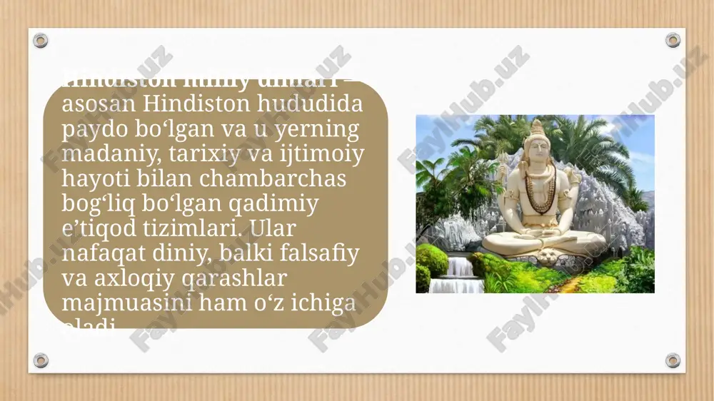 rlik va milliy o‘zlikni saqlashda, shuningdek, hayotning axloqiy va falsafiy jihatlariga asos bo‘lib xizmat qiladi. biroq, bugungi global dunyoda, din va zamonaviylik o‘rtasidagi ziddiyatlar va diniy ekstremizm kabi muammolar yuzaga kelishi mumkin. shunga qaramay, hindistonning bag‘rikeng diniy muhiti va diniy ta’limni yangi usullar bilan targ‘ib qilishga bo‘lgan intilish, dinlarning zamonaviy jamiyatda o‘z o‘rnini saqlashini ta’minlaydi. e’tiboringiz uchun rahmat image4.png image5.jpeg image3.png /docprops/thumbnail.jpeg