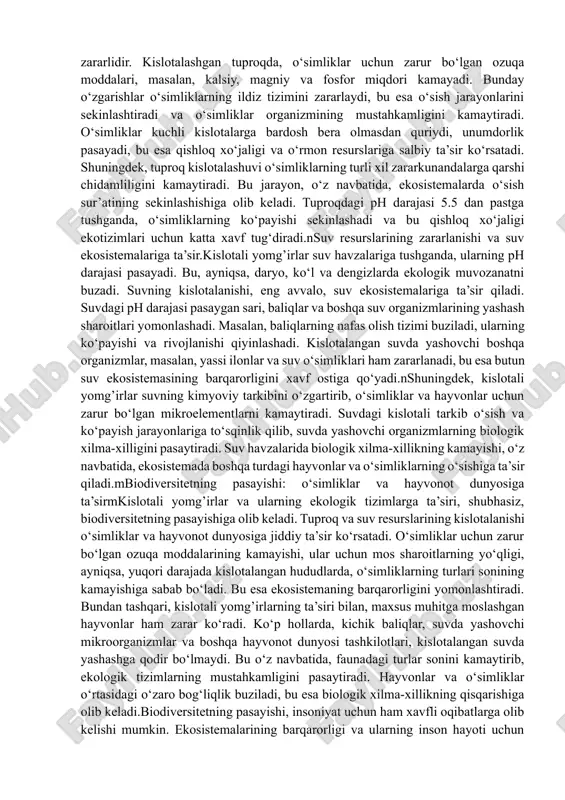 unki yuqori aholi zichligi va transport tarmog’i orasida yuqori darajadagi gazlar ishlab chiqariladi. bu holat smogning harorat va namlik darajasiga bog’liq ravishda ko’proq kuchayadi, ayniqsa quyoshli kunlarda smogning fotokimyoviy turi paydo bo’ladi. transport sektori va sanoat chiqindilarining smog hosil qilishdagi roli juda katta bo’lib, bu holatlarning salbiy ta’siri insonlar va tabiiy resurslarga katta zarar keltiradi. kimyoviy gazlar (oltingugurt oksidi, azot oksidi) va ularning kislotali yomg’irlarni keltirib chiqarishdagi roli smog va kislotali yomg’irlarning asosiy sabablaridan biri kimyoviy gazlarning atmosferaga chiqishi hisoblanadi. oltingugurt oksidi (so₂) va azot oksidi (noₓ) bu gazlar atmosferada o’zaro reaksiyaga kirishib, sulfat kislotasi (h₂so₄) va azot kislotasini (hno₃) hosil qiladi. ushbu kislotalar, o’z navbatida, kislotali yomg’irlarning asosiy tarkibiy qismlari bo’lib, ular havoning kislotalanishiga va o’simliklar, tuproq va suv resurslarining zararlanib borishiga olib keladi. oltingugurt oksidi havoga chiqib, atmosferadagi suv tomchilari bilan reaksiyaga kirishib, sulfat kislotasini hosil qiladi. bu kislota yomg’ir tomchilarida eritilib, kislotali yomg’irni keltirib chiqaradi. azot oksidi …
