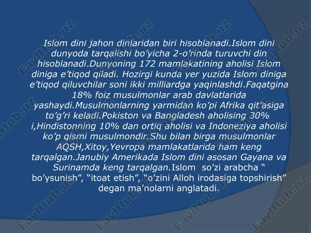 hadis-islom dinida qur’ondan keyingi muqaddas manba,muhammad payg’ambar(s.a.v.) ning faoliyati va ko’rsatmalari haqida to’plangan ma’lumotlar yig’indisidir. hadislar vii-viii asrlardan boshlab to’plana bordi.hadis ilmi bilan shug’ullanuvchi olimlarni muhaddislar deb ataladilar. hadis ilmi rivojiga katta hissa qo’shgan vatandoshimiz bu imom al-buxoriydir.imom al-buxoriydan boy va qimmatli 20 dan ortiq asar qolgan.ularning ichida “al-jome as-sahih” eng mashhuridir. “al-jome as-sahih” asariga 7275 ta hadis kiritilgan.hadisda inson imoni mukammal bo’lmog’ining 3 sharti haqida bunday deyilgan: a) to’g‘ri e’tiqodli bo’lish; b)kishilar bilan yaxshi munosabatda bo’lish; d)kishi o’z ustida ishlamog’i va o’zini ibodat hamd toatda chiniqtirmog’i lozim.1998-yil oktabrda “al-jome as-sahih” kitobi ilk bor o’zbek tilida nashr etilib,kitibxonlarga taqdim etildi. image1.png image2.jpeg image3.jpeg image4.jpeg image5.jpeg /docprops/thumbnail.jpeg