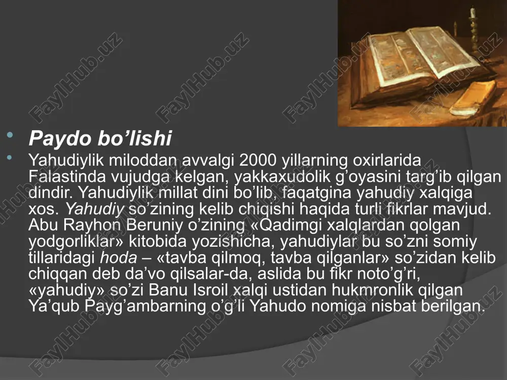 ’zlarining yahvega nisbatan sodiq ekanliklarini isbotlash uchun bir necha rasm-rusumlarni ijro etadilar. ular yillik va kunlik ibodatlardan, bayramlardan, marosimlardan iborat. ibodat uyda ham sinagogada ham birday olib boriladi. yahudiylar sinagogasining sharqiy tomonida toraning nusxalari saqlanadigan sandiq va ravvin uchun minbar qo’yilgan. ayollar erkaklardan alohida ibodat qiladilar. sinagogada ibodat xor shaklida olib boriladi. image1.jpeg image2.png image3.jpeg image4.jpeg image5.png image6.png image7.jpeg image8.jpeg image9.jpeg image10.jpeg image11.jpeg image12.jpeg image13.jpeg image14.jpeg image15.png /docprops/thumbnail.jpeg