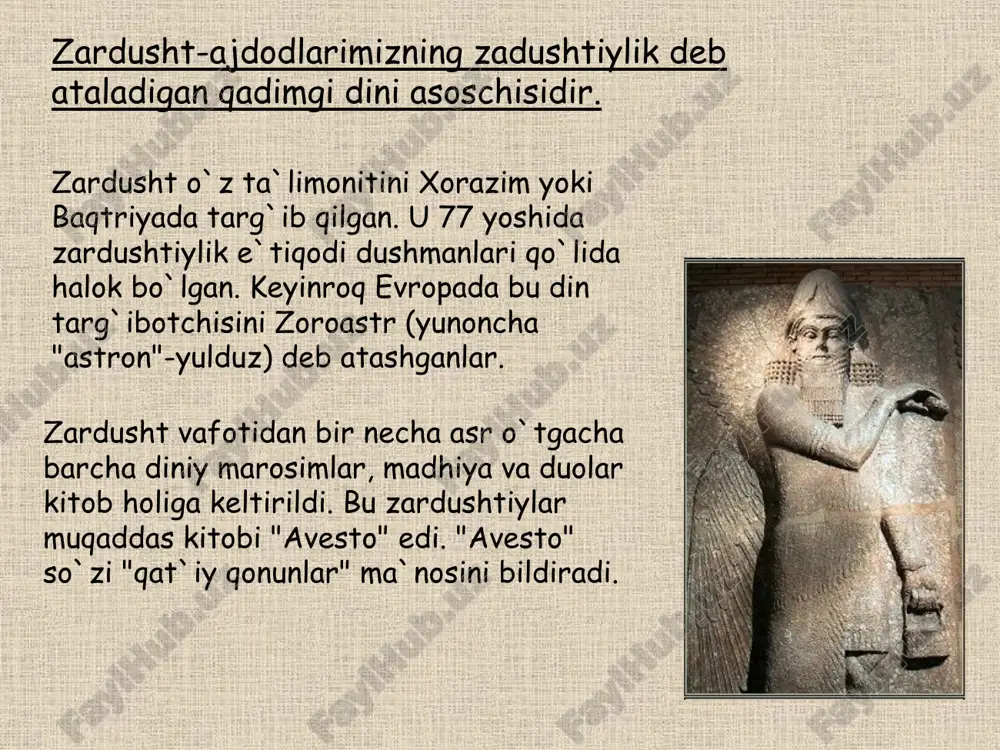 hi haqidagi kontseptsiyasi bo’lgan. bunga ko’ra, olam ikki turga bo’linadi: ilohiy va moddiy olam. bizning taqvim bo’yicha odamning vujudga kelishi navro’z arfasiga to’g’ri keladi. navro’z arafsida tabiat va odamlar harakatga keladi, olam va odamning harakati uyg’unlashadi, hayotda yangi kun – navro’z boshlanadi. shu kuni birinchi bor olov kashf qilingan va otashgohda olov yoqilgan. diniy e'tiqoddagi xilma-xillik hukmdorlarning muayyan dinni tanlashdagi erkinliklarida ham kuzatilgan. makedoniyalik iskandar va uning vorislari mintaqamizda olimpiya xudolariga sig'inishni qo'llagan bo'lsalar, kushon davlati hukmdorlari buddaviylikni qabul qilib, uni mamlakat hududida keng yoyishga harakat qilganlar. sosoniylar davlati hukmdorlari zardushtiylikni har taraflama qo'llab quvvatlaganlar. butun mamlakat hududida ko'plab olov uylari qurilgan. milodiy viii asrning boshlarida markaziy osiyoning bir qismini bosib olgan arab xalifaligi davlati islomlashtirish siyosatini olib borgan. islomdan tashqari barcha diniy e'tiqodlar taqiqlangan. image2.jpeg image3.png image4.jpeg image5.jpeg image6.jpeg image7.jpeg image8.jpeg image9.jpeg image10.jpeg image11.jpeg image12.jpeg image13.jpeg image14.jpeg image15.jpeg image16.jpeg image17.png image18.jpeg image19.jpeg image20.jpeg image21.jpeg image22.jpeg image23.jpeg image24.jpeg image25.jpeg image26.jpeg …