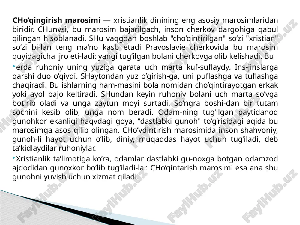 doning marhamatiga erishgan hisoblanadi. xudoning o’zi odamlarning nikoh ittifoqi-ni himoya qiladi. ayni paytda, bu nikoh marosimini o’tkaz-may turib chrshakam axloqiy, oilaviy munosabatlarsh1ng bo’li-shi mumkin emas, deb ta’lim beriladi. pasxa bayrami — bu salbga tortilgan iususning mo’jizaviy tirilshii xotirasiga bag’ishlangan bayramdir. pasxani bayram qilish kunini anikdash maqsa-dida maxsus jadval (pasxaliya) tuzib chiqilgan. bundan maq-sad xristianlar pasxasini nishonlash vaqtining yahudiy-lar pasxasi nishonlash vaqtiga to’g’ri kelib qolishining oldini olish edi. pasxadan oldin ehtirosli hafta deb ataladigan hafta keladi. bu — iusus chekkan mashakqatlar va uning o’limini xotirlashga bag’ishlangan haftadir. bu hafta davomida qavm-lar ro’za tutadilar. zo’r berib toat-ibodat qiladilar. undan keyin, bir hafta davomida pasxa bayrami boshlanadi. pas-xa bayrami xaloskor iususning tirilishini tilovchi ibo-dat o’qish bilan boshlanadi. pasxa vaqgida ruhoniylar tantana bilan bir-birimizni kuchoklab o’pishaylik, bizni yomon ko’rganlarni kechiraylik, deb dindorlarga murojaat qila-dilar. isoning tug’ilishi bayrami (rojdestvo xristovo) — iusus tug’ilgan kuni (rrjdestvo) cherkov hayoti va dindor-larning turmushida muhim o’rin egallaydi. bu bayramda …