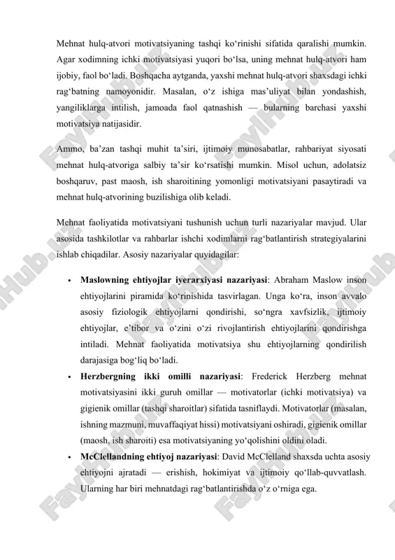 b-quvvatlash. ularning har biri mehnatdagi rag‘batlantirishda o‘z o‘rniga ega. · vroomning kutilish nazariyasi: victor vroom motivatsiyani shaxsning maqsadga erishish uchun qilgan harakati va kutilayotgan natijalar bilan bog‘laydi. xodimlar faqat o‘zlari uchun muhim va qadrli natijalar mavjud bo‘lsa, faol bo‘ladilar. · adamsning adolat nazariyasi: john stacey adams ishchi xodim o‘zining ishiga sarflagan mehnat va olgan mukofoti o‘rtasida adolatni ta’minlashga intiladi. adolat buzilganda motivatsiya pasayadi. mehnat faoliyatida motivatsiyani oshirish uchun nazariy bilimlarni amaliyotga tatbiq etish muhimdir. masalan, rahbarlar ishchilarning ehtiyojlarini aniqlab, ularga mos rag‘batlantirish tizimini yaratishlari lozim. ish muhitini yaxshilash, shaxsiy va kasbiy rivojlanish imkoniyatlarini taqdim etish ichki motivatsiyani oshiradi. shuningdek, tashkilotlarda mehnat hulq-atvorini kuzatish va tahlil qilish tizimlari joriy etilishi kerak. bu orqali xodimlarning faoliyati va rag‘batlarini baholash mumkin bo‘ladi. mehnat faoliyati motivatsiyasi inson faoliyatining asosiy omili bo‘lib, uning samarali ishlashi va kasbiy o‘sishida hal qiluvchi ahamiyatga ega. motivatsiyaning ichki va tashqi turlari mavjud bo‘lib, ular bir-birini to‘ldiradi va uyg‘unlashishi kerak. …