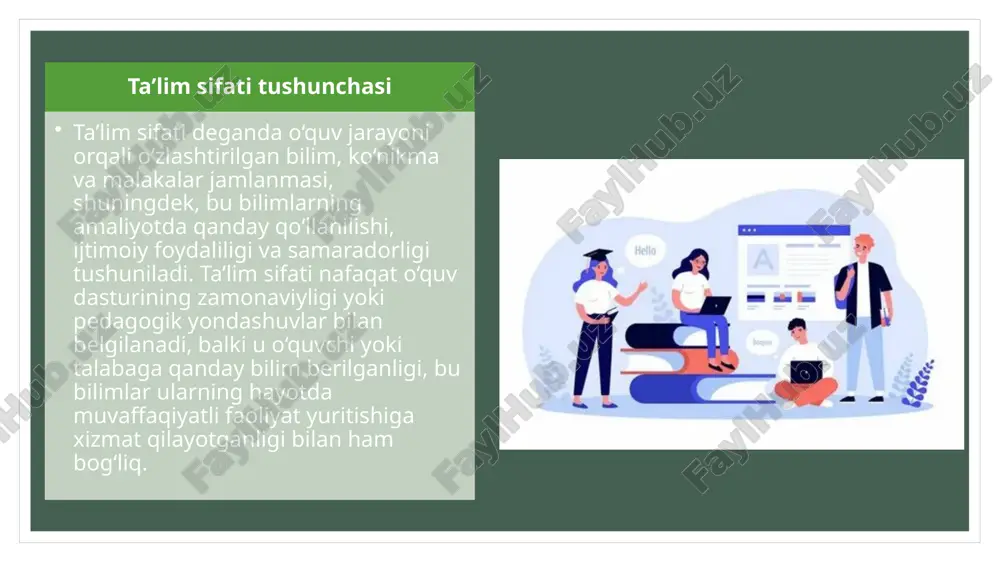 cha sotsiologik tavsiyalar sotsiologik yondashuv asosida quyidagi tavsiyalar ishlab chiqilgan: o‘quv dasturlarini zamonaviy mehnat bozori talablariga moslashtirish. o‘qituvchilarning doimiy malaka oshirishi va metodik tayyorgarligini kuchaytirish. akademik halollikni rag‘batlantirish, plagiyat va nusxa ko‘chirishga qarshi kurashish. talabalar bilimini baholashda ochiq va adolatli reyting tizimini joriy qilish. ta’lim sifatiga oid muntazam sotsiologik monitoringlar o‘tkazish. bitiruvchilar bandligini kuzatib borish va ta’lim dasturlarini shu asosda optimallashtirish. sotsiologiyaning ta’lim tizimiga ta’siri sotsiologiya ta’lim tizimining barqarorligini ta’minlashda quyidagi yo‘nalishlar bo‘yicha bevosita ta’sir ko‘rsatadi: ijtimoiy guruhlar ehtiyojlarini o‘rganish – turli qatlam vakillarining ta’limga bo‘lgan munosabatlari, ehtiyojlari va imkoniyatlari sotsiologik tadqiqotlar orqali aniqlanadi. bu esa ta’lim siyosatini ijtimoiy adolat va tenglik asosida shakllantirishga yordam beradi. ta’lim tizimidagi muammolarni aniqlash – ta’lim jarayonidagi muammolar (masalan, korrupsiya, malakasiz kadrlar, o‘quv dasturlarining zamonaviy talabga javob bermasligi) sotsiologik so‘rovnomalar, intervyular, kuzatuvlar orqali aniqlanadi va tahlil qilinadi. ijtimoiy monitoringni yo‘lga qo‘yish – ta’lim muassasalarida doimiy monitoring va baholash tizimini yaratishda sotsiologik yondashuvlar foydali hisoblanadi. …