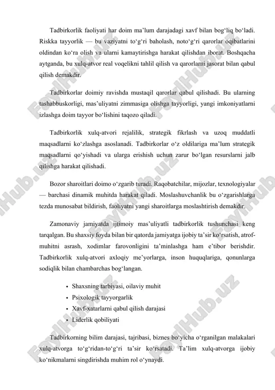 llar ham tadbirkorning qaror qabul qilishiga va xulq-atvoriga ta’sir qiladi. o‘zbekiston sharoitida tadbirkorlik xulq-atvori o‘ziga xos sotsiomadaniy omillar ta’sirida shakllanmoqda. an’anaviy qadriyatlar, diniy dunyoqarash, mahalliy urf-odatlar tadbirkorning muomala madaniyati, mijozlar bilan ishlash uslubi, marketing strategiyasi va hatto riskga munosabatiga ta’sir ko‘rsatadi. masalan, tadbirkorlar orasida “halol rizq”, “duo bilan ish boshlash”, “ko‘p ishlovchi emas, ko‘p foyda qiluvchi bo‘lish” kabi tushunchalar tarqalgan. bu milliy mentalitetning xulq-atvorga aks etganidi tadbirkorlik xulq-atvori bu faqat iqtisodiy faoliyat emas, balki keng qamrovli ijtimoiy, madaniy, psixologik va axloqiy harakatlar yig‘indisidir. u shaxsning ichki motivlari, tashqi ijtimoiy muhit, bozor holati va madaniy qadriyatlar asosida shakllanadi. zamonaviy jamiyatda muvaffaqiyatli bo‘lish uchun tadbirkorlik xulq-atvori zamon talablariga moslashuvchan, innovatsion va ijtimoiy mas’uliyatli bo‘lishi zarur. bu borada ta’lim, madaniyat va iqtisodiy siyosat o‘rtasida uyg‘unlik muhim ahamiyatga ega. sotsiomadaniy omillar deganda jamiyatdagi ijtimoiy tuzilma, madaniyat, qadriyatlar, urf-odatlar, diniy e’tiqodlar, milliy mentalitet va shu kabi omillarning inson xatti-harakatlariga, jumladan, tadbirkorlik faoliyatiga ta’sir qiluvchi jihatlari …