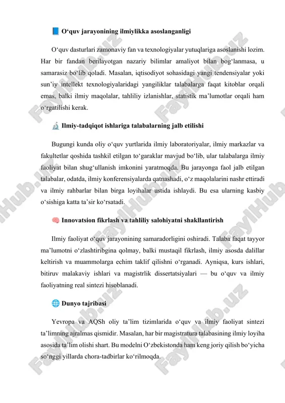 marali qilish uchun faqat nazariy bilim bilan cheklanmasdan, unga ilmiy izlanishlar va innovatsion yondashuvlarni qo‘shish zaruratga aylangan. ilm-fan taraqqiyoti va texnologik yangilanishlar oliy ta’lim muassasalarida ham o‘quv dasturlariga bevosita integratsiya qilinmoqda. 🔍 1. ilmiy loyihalarni dars jarayonida qo‘llash usullari ilmiy izlanishlar natijalari darsliklar, uslubiy qo‘llanmalar va laboratoriya ishlariga kiritiladi. misol uchun: · texnika va tabiiy fanlarda yangi eksperimentlar yoki texnologiyalar laboratoriya mashg‘ulotlarida qo‘llaniladi. · ijtimoiy va iqtisodiy fanlarda so‘nggi statistik ma’lumotlar, iqtisodiy tahlillar va ilg‘or xalqaro tajribalar dars jarayoniga kiritiladi. · talabalar mustaqil ishlari, kurs ishlari yoki ilmiy referatlari orqali ilmiy yangiliklar bilan tanishtiriladi. bu orqali o‘qituvchining ilmiy faoliyati talabalarning bilim olish jarayoniga bevosita ta’sir qiladi. 👩‍🔬 2. talabalarni ilmiy izlanishlarga jalb etish shakllari ilmiy faoliyatga talabalarni jalb etish ta’limda faollikni oshiradi. quyidagi shakllar samarali hisoblanadi: · ilmiy to‘garaklar va klublar tashkil etish (masala · kafedralar qoshida ilmiy seminarlar o‘tkazish. · ilmiy maqola va tezislar yozishni rag‘batlantirish (nashrlarda chiqish, konferensiyalarda …