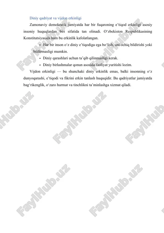 dini qadriyatlari insonning axloqiy va ma’naviy yuksalishida beqiyos o‘rin tutadi. bu qadriyatlar hayotda halollik, poklik, adolat, saxovat, sabr, ilmu marifat kabi yuksak fazilatlarni shakllantirish orqali jamiyat taraqqiyotiga xizmat qiladi. ayniqsa, tasavvuf ta’limoti — bu qadriyatlarning eng chuqur ma’naviy ifodasi bo‘lib, allohga muhabbat, qalb pokligi va nafsni jilovlash orqali insonni chinakam kamolot sari yetaklaydi. tasavvuf maktablari — ahmad yassaviy, bahouddin naqshband kabi allomalarning ta’limotlari orqali nafaqat diniy, balki madaniy va ijtimoiy sohalarga ham ijobiy ta’sir ko‘rsatgan. bu ta’limotlar asrlar davomida xalqimizning hayot falsafasiga singib ketgan, ma’naviy tarbiyaning ajralmas qismiga aylangan. shuningdek, vijdon erkinligi bugungi demokratik jamiyatda asosiy insoniy huquqlardan biri sifatida qadrlanadi. har bir inson o‘z e’tiqodini erkin tanlash, uni amalda bajarish yoki bildirmaslik huquqiga ega. bu erkinliklar jamiyatda diniy bag‘rikenglik, o‘zaro hurmat, tinchlik va barqarorlikni ta’minlaydi. o‘zbekiston respublikasida vijdon erkinligining huquqiy asoslari yaratilgan va bu boradagi islohotlar xalqaro hamjamiyat tomonidan e’tirof etilgan. shunday ekan, biz yoshlar ushbu boy diniy-ma’naviy merosni …