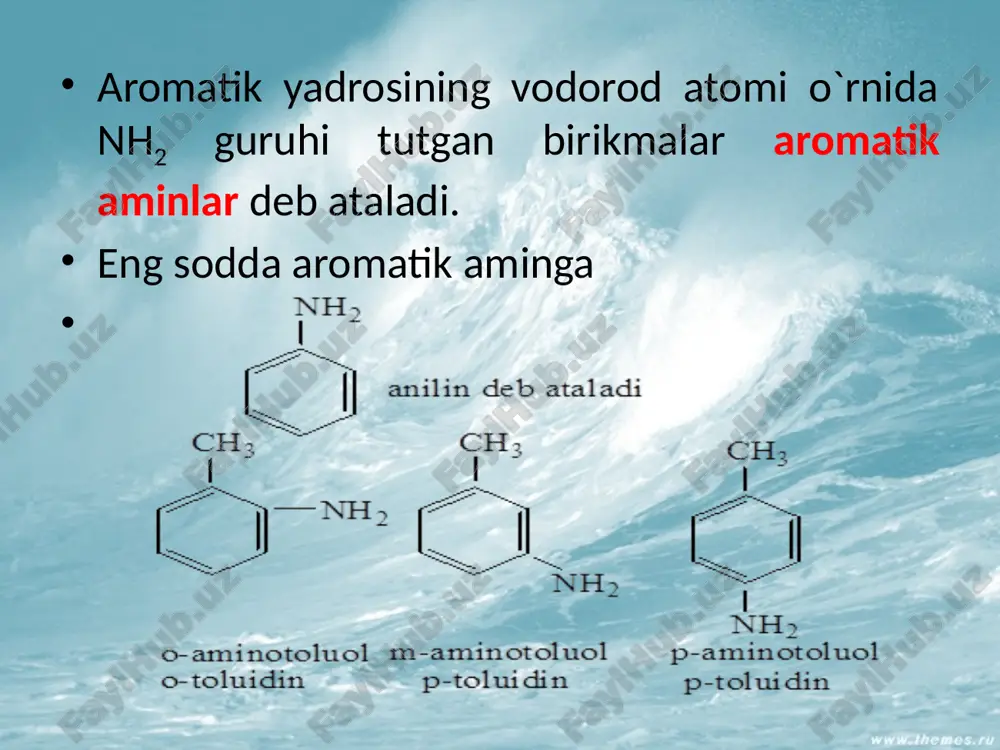 rokidagi reaksiyasi amalga oshi-rilsa uchlamchi "trifenilamin" hosil bo`ladi. uchlamchi aromatik aminlar asos xossasiga ega emas. aim.uz diazobirikmalar. aromatik aminlarning tuzlari, kislotali muhitda nitrit kislota ta'sirida diazotirlanib arildiazoniy tuzlarini hosil qiladi: s6h5-n+h3cl- + hono  c6h5-n+ncl- + 2h2o odatda diazotirlash reaksiyasini amalga oshirish uchun bir miqdor aromatik amin uch miqdor mineral kislotada eritilib unga 00c da nano2 qqqqqqqq qqqqqqdi. kimyoviy xossalari. fenildiazoniyxlorid yuqori reaksiya qobiliyatiga ega bo`lgan birikma. fenildiazoniyxloridning reaksiyalari ikki xil: azot ajralib chiqishi yoki azot ajralmasdan borishi mumkin. aim.uz i.azot ajralib chiqishi bilan boradigan reaksiyalar. 1. diazoniy tuzlarining parchalanishi: 2.metallorganik birikmalar sintezi, a.n.nesme-yanov reaksiyasi: aim.uz 3. gatterman-zandmeyer reaksiyalari: 4. meerveyn reaksiyasi: s6n5n2cl + ch2=ch-cooh  c6h5-ch2-chcl-cooh + n2 aim.uz ii.azot ajralib chiqmasdan amalga oshadigan re-aksiyalar. 1. fenilgidrazinlar hosil bo`lishi (diazoniy tuzlarini qaytarish): 2. azobirikish reaksiyasi. ushbu reaksiya natijasida muhim ahamiyatga ega bo`lgan azobo`yoqlar olinadi. diazoniy tuzlari fenollar bilan kuchsiz ishqoriy muhitda, aromatik aminlar bilan esa kislotali muhitda reaksiyaga kirishadi: …