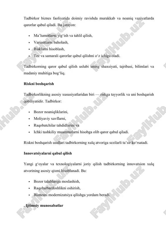 ativligi. · ijtimoiy kapital: ijtimoiy tarmoqlar, ishonch darajasi va hamkorlik madaniyati. tadbirkorlik xulq atvorining nazariy asoslari tadbirkorlik xulq atvorini tushunishda turli nazariy yondashuvlar mavjud: iqtisodiy nazariya · tadbirkorlik faoliyatining asosiy maqsadi — foyda olish va resurslardan samarali foydalanish. · qaror qabul qilishda manfaatlar va iqtisodiy samaradorlik asosiy o‘rinda. sotsiologik nazariya · tadbirkorlik ijtimoiy muhitda yuzaga keladi, jamiyatning iqtisodiy va ijtimoiy strukturalari uning xulqini belgilaydi. · ijtimoiy rollar, norma va qadriyatlar tadbirkor xatti-harakatini shakllantiradi. psixologik nazariya · tadbirkorlik xulq atvori shaxsning ichki motivatsiyalari, shaxsiyati va qobiliyatlari asosida shakllanadi. · stressga bardoshlilik, kreativlik va tashabbuskorlik tadbirkorlik muvaffaqiyati uchun muhimdir. tadbirkorlik xulq atvorining ahamiyati tadbirkorlik xulq atvorini chuqur tahlil qilish bir qancha sabablarga ko‘ra muhimdir: · biznes samaradorligini oshirish: to‘g‘ri xulq atvor qaror qabul qilish sifatini yaxshilaydi. · innovatsiyalarni rag‘batlantirish: tadbirkorlar yangi g‘oyalarni qabul qilganda, biznes tez rivojlanadi. · risklarni boshqarish: muvaffaqiyatli tadbirkorlar noaniqliklarni yaxshi boshqaradi. · ijtimoiy barqarorlik: tadbirkorlarning ijtimoiy mas’uliyatni anglab …