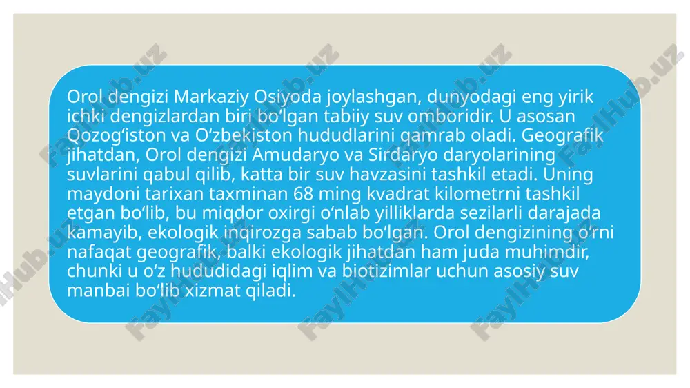 l maydoniga aylangan. ushbu hududda chang bo‘ronlari ko‘pincha zararli kimyoviy modda va pestitsidlarni havoga tarqatib, uzoq masofalarga yetib boradi. bu esa, o‘z navbatida, nafaqat atrofdagi hududlarning, balki butun mintaqaning ekologik holatiga salbiy ta’sir ko‘rsatadi. changli bulutlar inson salomatligi uchun ham xavf tug‘dirib, nafas olish kasalliklarining ko‘payishiga sabab bo‘ladi. orol dengizining ekologik muammolari nafaqat tabiiy muhitga, balki mintaqaning ijtimoiy-iqtisodiy hayotiga ham chuqur va murakkab ta’sir ko‘rsatmoqda. ushbu muammolar ko‘plab tabiiy va inson faoliyatiga oid oqibatlarni keltirib chiqarib, hududning butun hayot faoliyatiga salbiy ta’sir ko‘rsatmoqda. shuning uchun ekologik muammolarni o‘rganish va ularning oqibatlarini tahlil qilish mintaqani barqaror rivojlantirish uchun muhim ahamiyat kasb etadi. birinchi navbatda, ekologik muammolarning tabiiy oqibatlari haqida so‘z yuritish lozim. suv resurslarining kamayishi natijasida orol dengizi so‘nggi o‘n yilliklarda keskin qisqarib, chuqurligi sezilarli darajada kamaydi. bu jarayon dengizning tabiiy ekotizimiga jiddiy zarar yetkazdi. sog‘liqni saqlash sohasida ham jiddiy muammolar yuzaga keldi. chang bo‘ronlari va ifloslanish natijasida hudud aholisi nafas …