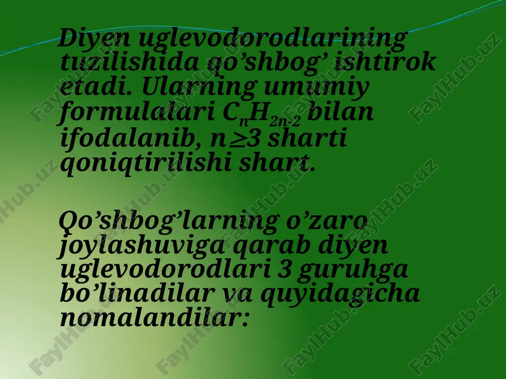 ugevodorodlariga qaraganda oson kirishadilar. turli molekulalar 1,2-uglerod atomlariga (bunda qo’shbog’lardan biri uzulmaydi) yoki 1,4-uglerod atomlariga (bunda qo’shbog’lardan biri o’rtaga siljiydi) birikishi mumkin. vodorodni birikishi galogenlarning birikishi. etilen ugevodorodlarining galogenlash reaksiyasiga o’xshash bunda ham reaksiya ionli yoki radikal zanjirli mexanizm bilan borishi mumkin. ionli mexanizm bilan borganda birinchi bosqich -kompleksni hosil bo’lishi gidrogalogenlash. diyen uglevodorodlariga gidrogalogenlarning birikishi ham yuqorida eslatib o’tilgan qonuniyatlarga muvofiq boradi: 21 e’tiboringiz uchun raxmat image9.jpeg image10.wmf image11.jpeg image12.wmf image13.wmf image14.wmf image15.emf image16.wmf image17.wmf image4.jpeg image6.jpeg ch 3 – ch 2 – ch 2 – ch 3 ch 2 = ch – ch 2 – ch 3 + h 2 cr 2 o 3 600 0 c ch 2 = ch – ch 2 – ch 3 ch 2 = ch – ch = ch 2 + h 2 cr 2 o 3 600 0 c ch 3 – ch 2 – ch 2 – ch 3 ch …